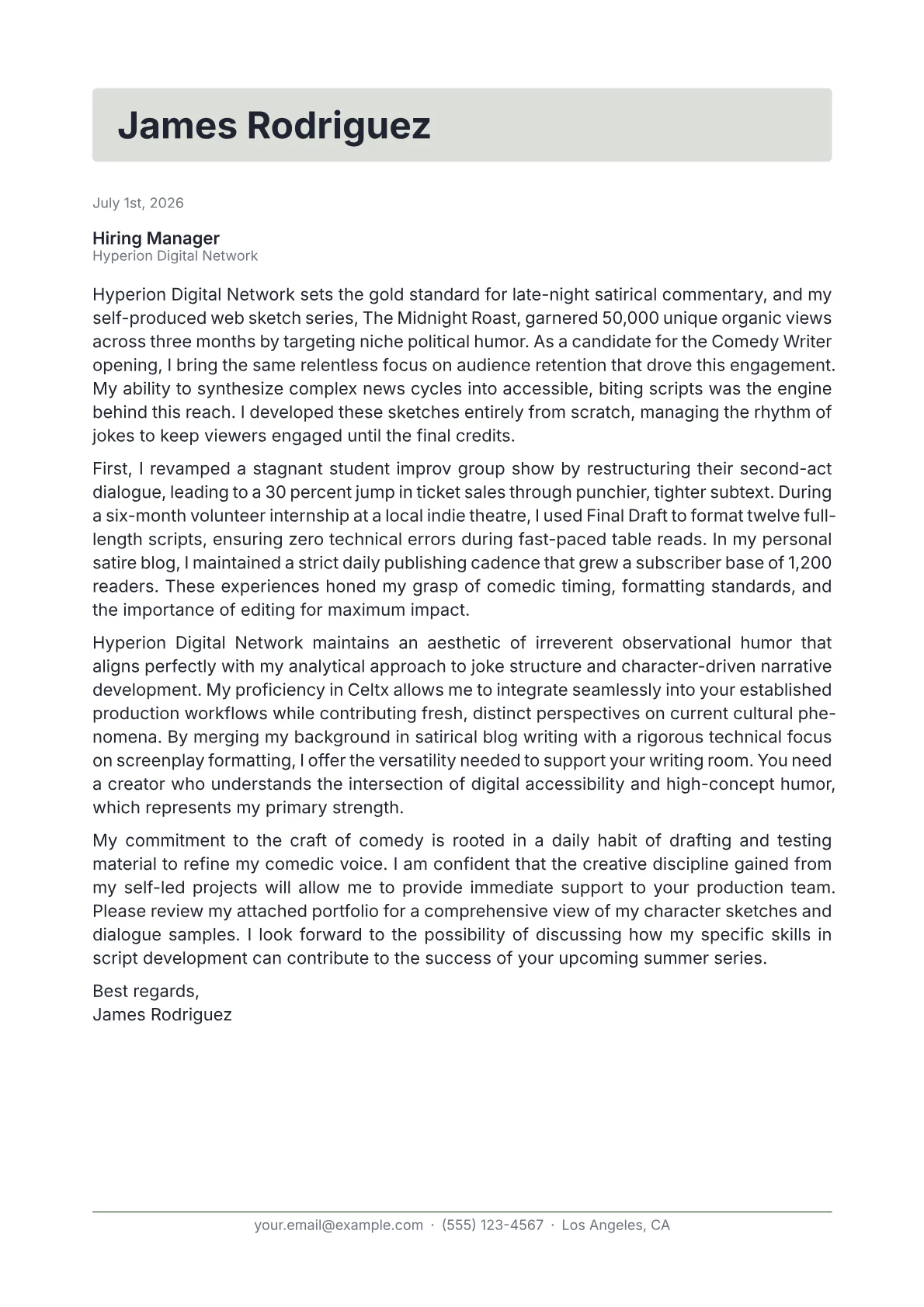 Comedy Writer cover letter in the Letterhead design