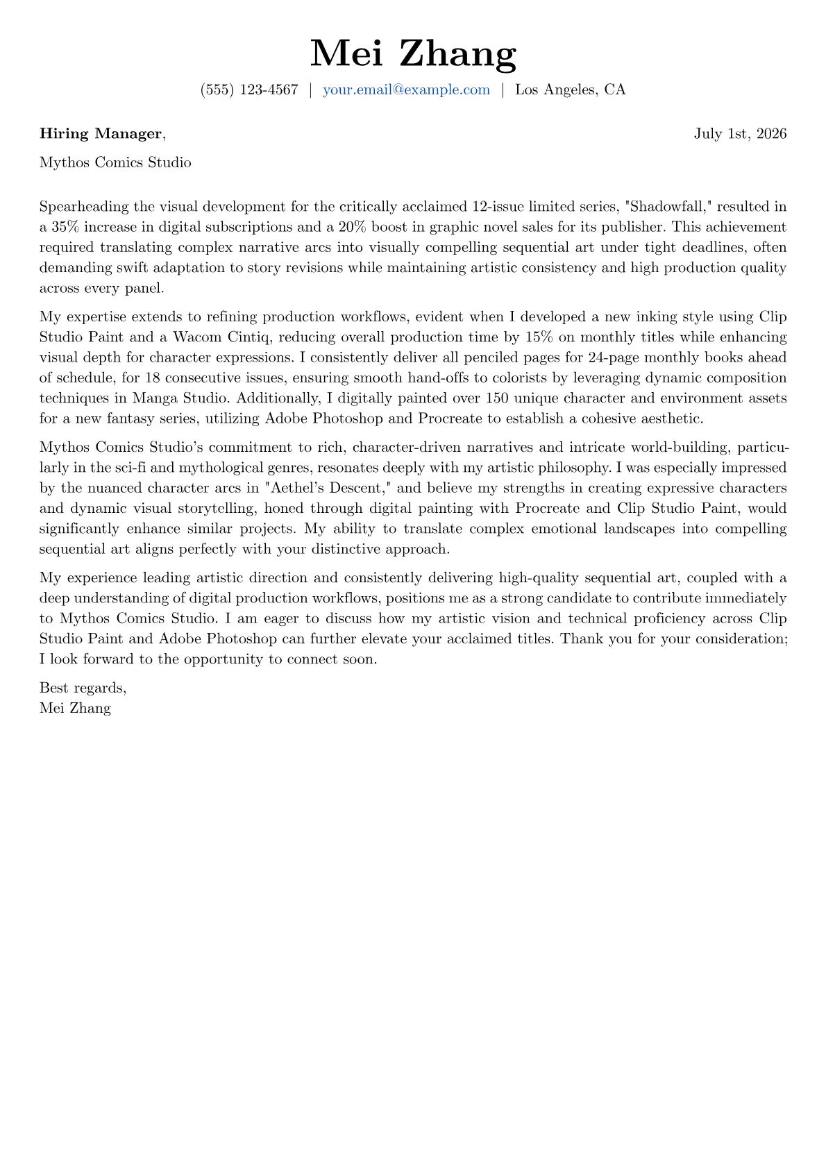 Comic Book Artist cover letter formatted with a JobSprout template