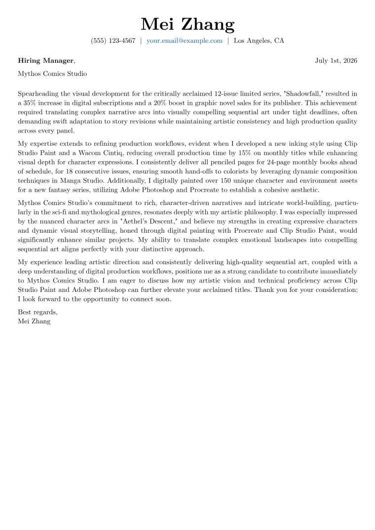 Comic Book Artist cover letter example preview