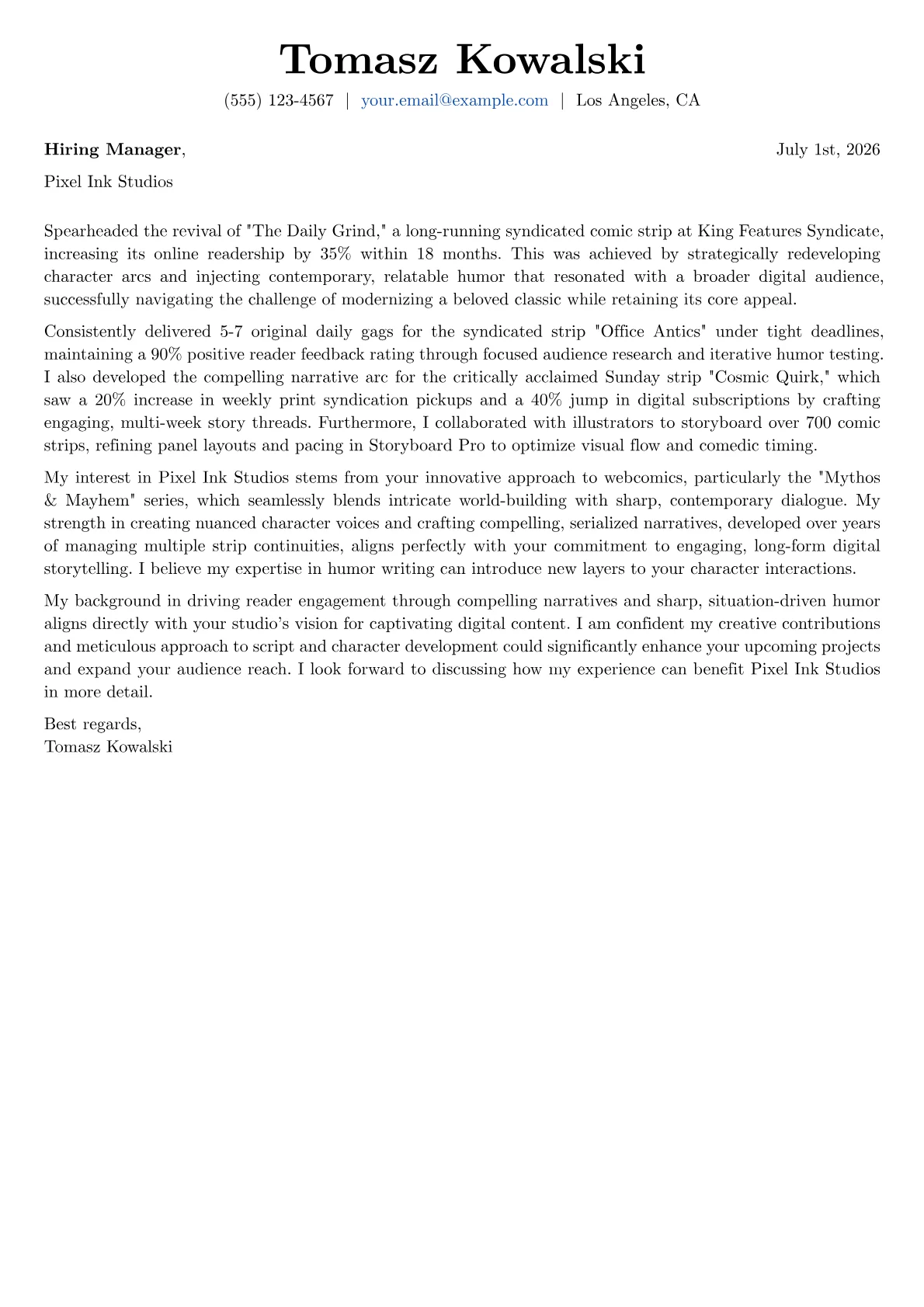 Comic Strip Writer cover letter formatted with a JobSprout template