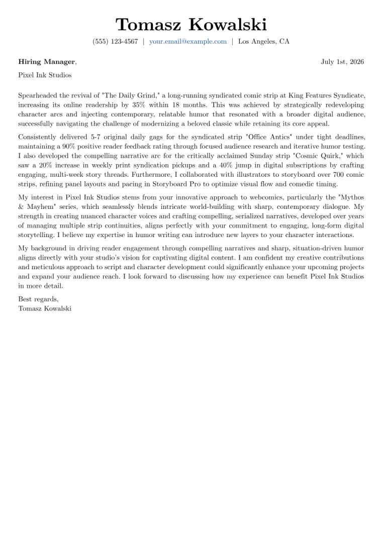 Comic Strip Writer cover letter example preview
