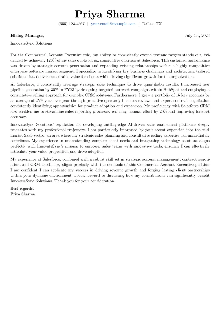 Commercial Account Executive cover letter example preview