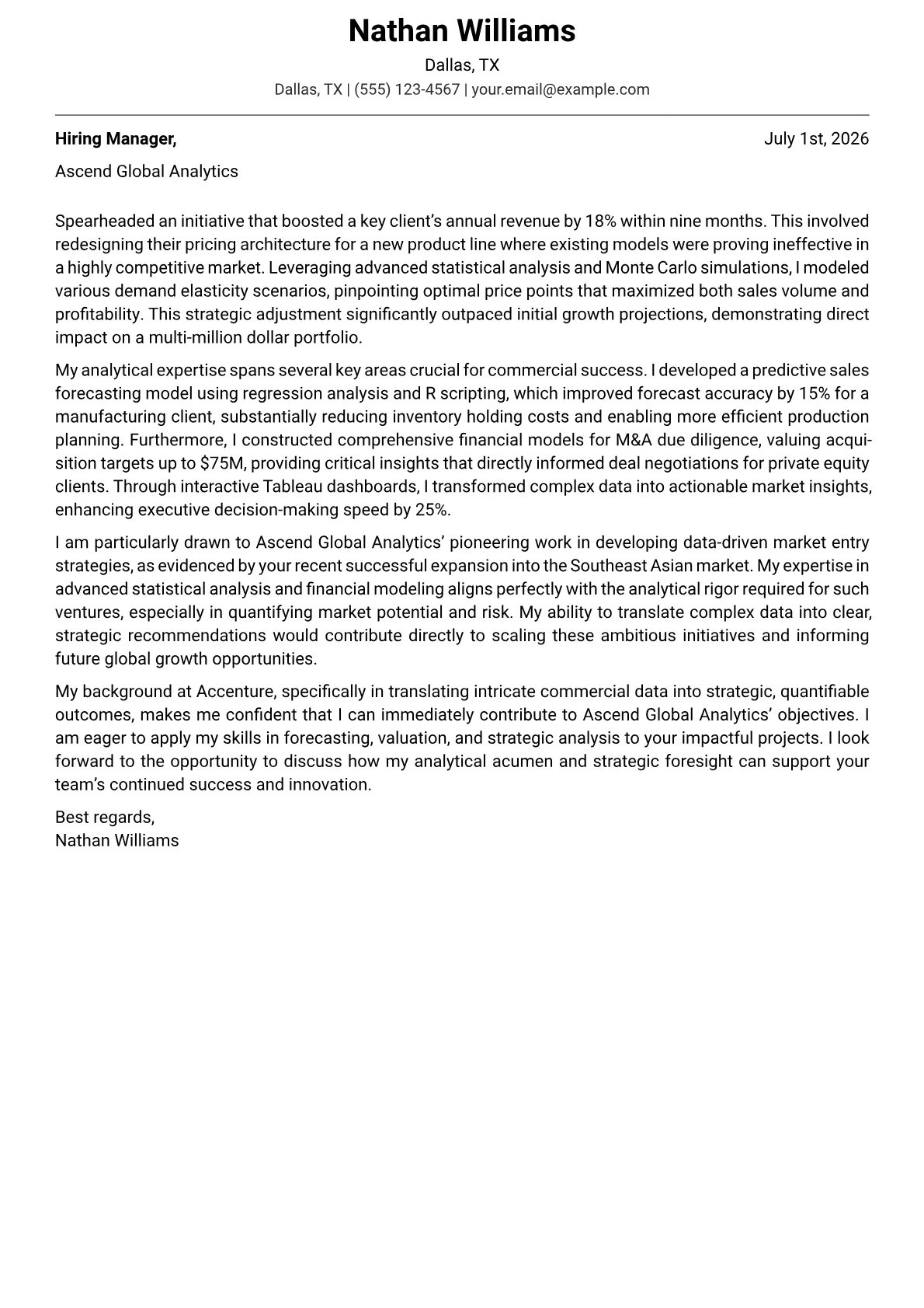 Commercial Analyst cover letter formatted with a JobSprout template