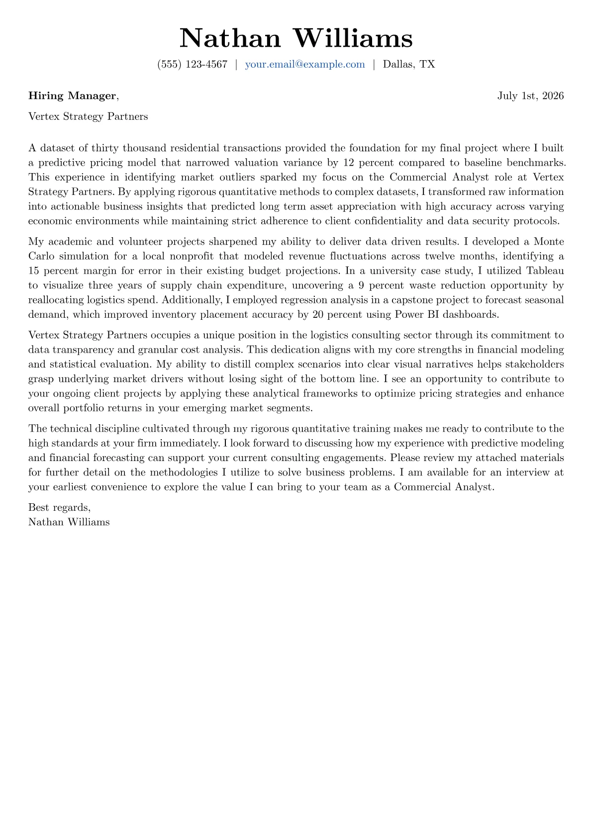 Commercial Analyst cover letter in the Basic design
