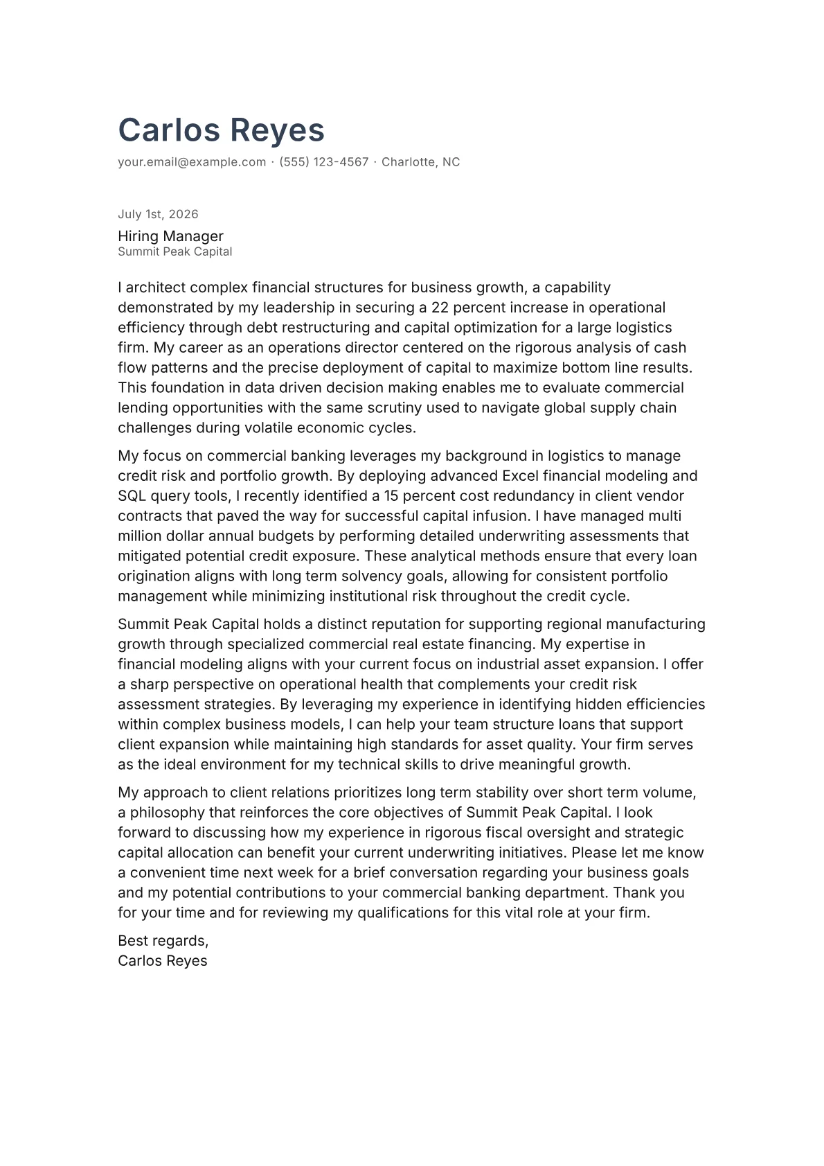 Commercial Banker cover letter in the Minimal design