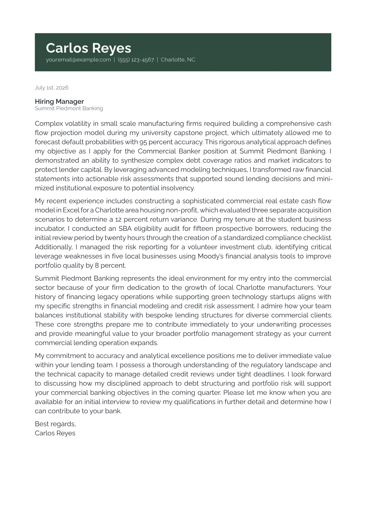Commercial Banker cover letter in the Banner design