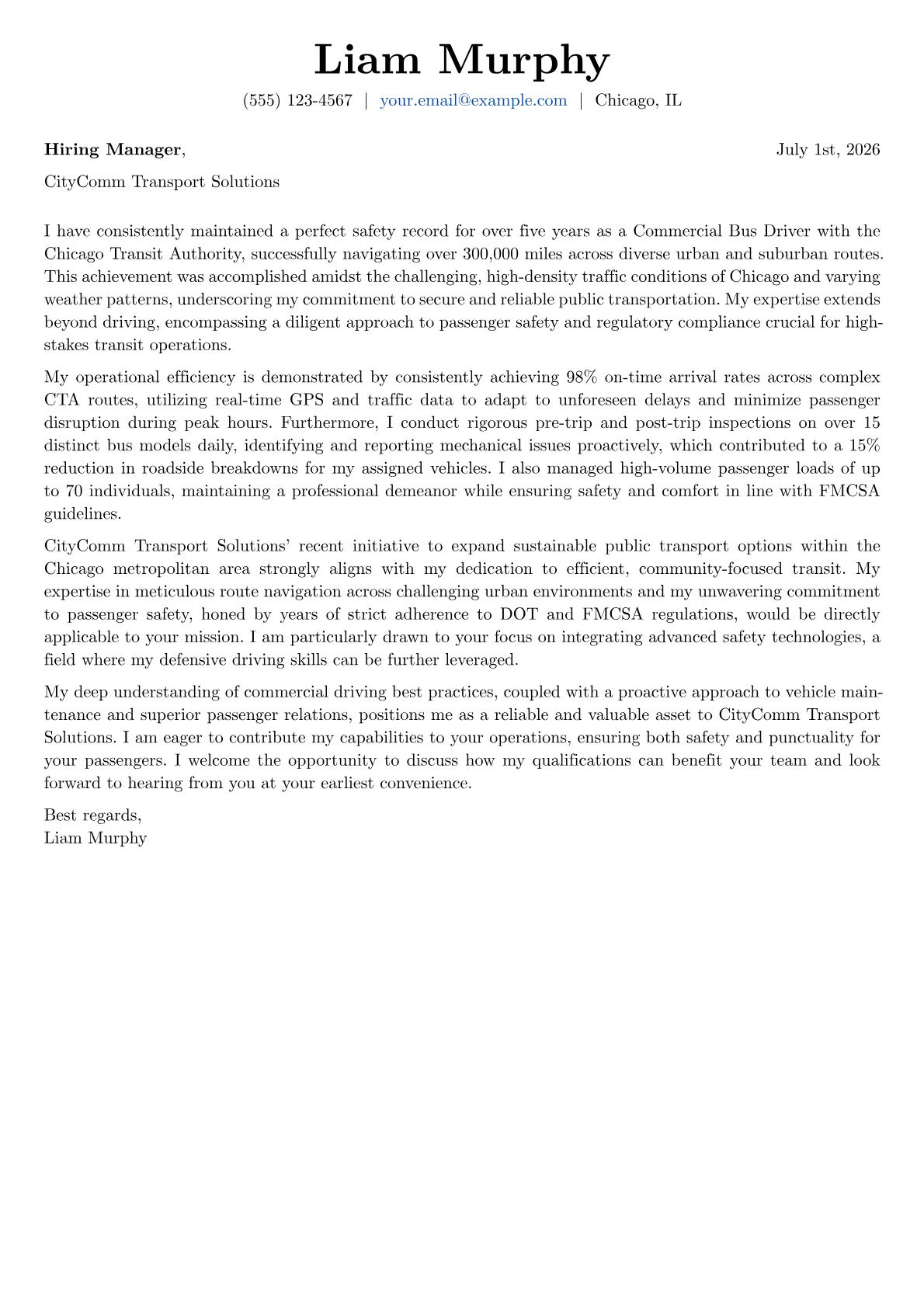 Commercial Bus Driver cover letter formatted with a JobSprout template