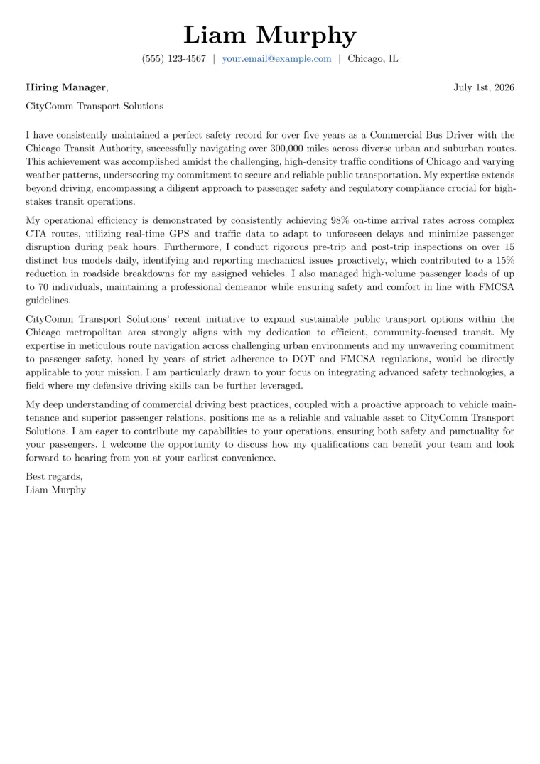 Commercial Bus Driver cover letter example preview