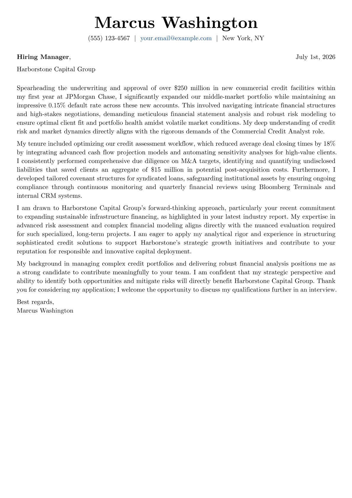Commercial Credit Analyst cover letter formatted with a JobSprout template