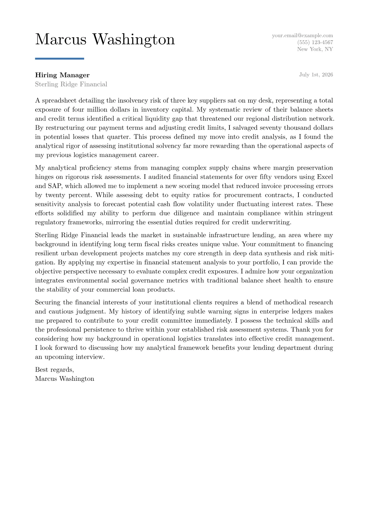 Commercial Credit Analyst cover letter in the Executive design