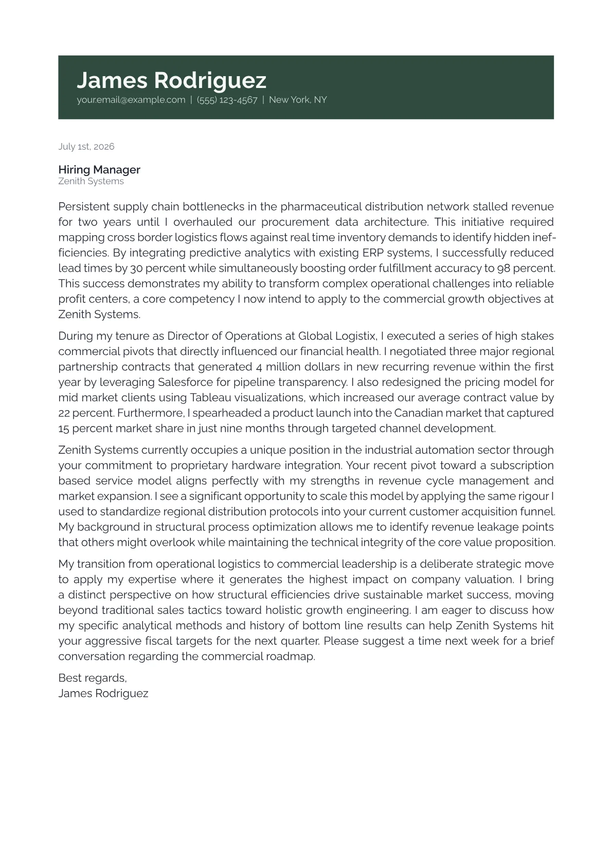 Commercial Director cover letter in the Banner design