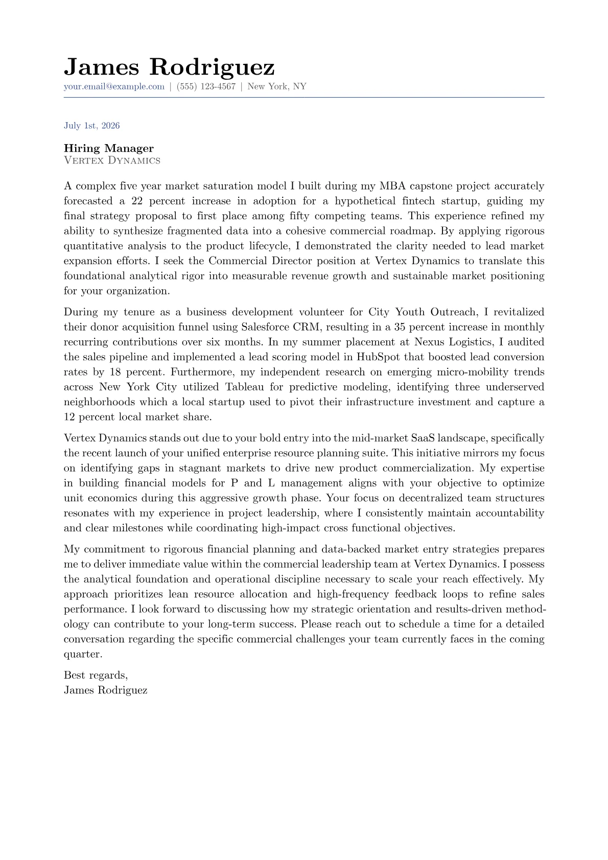 Commercial Director cover letter in the Classic design