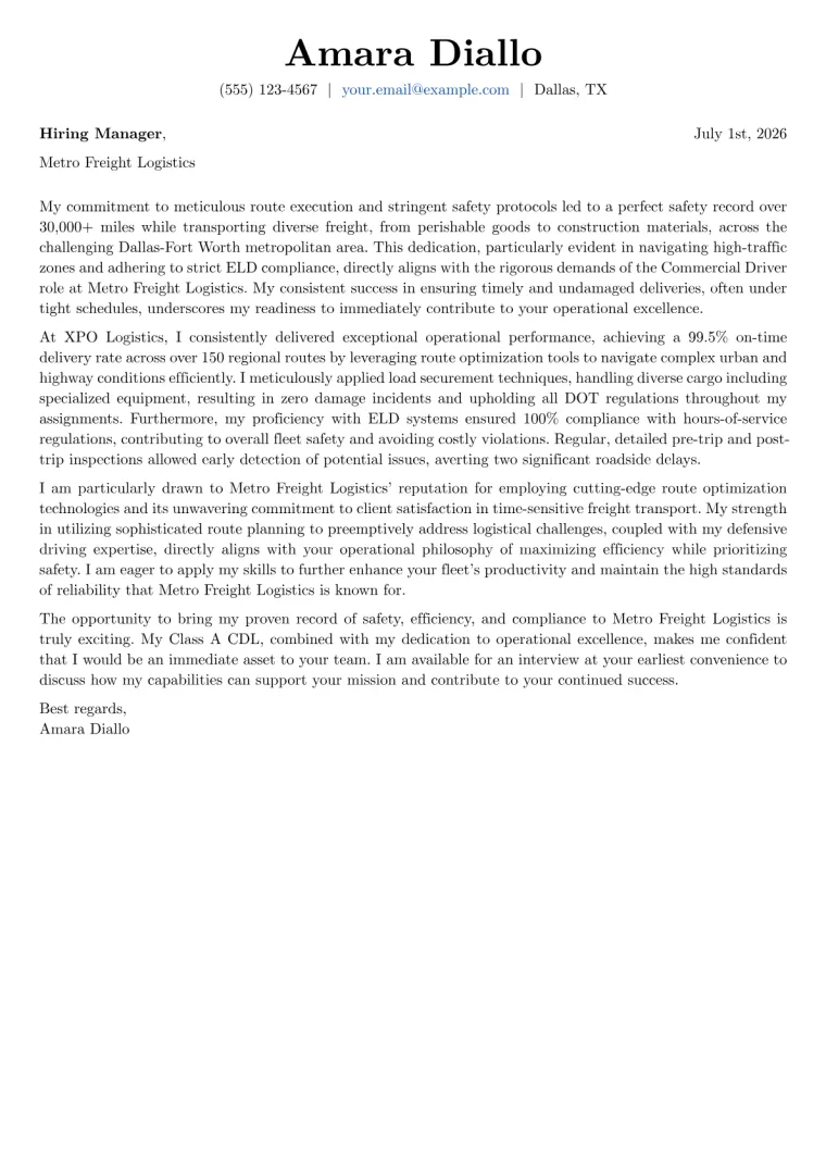 Commercial Driver cover letter example preview