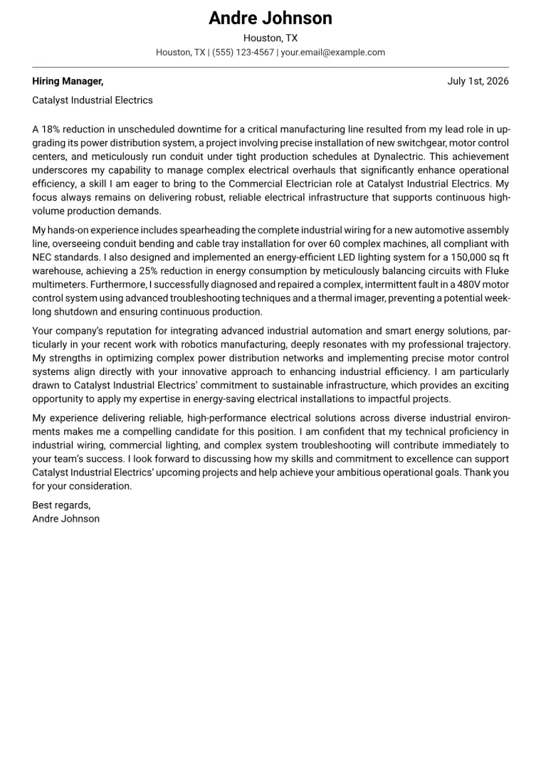 Commercial Electrician cover letter example preview
