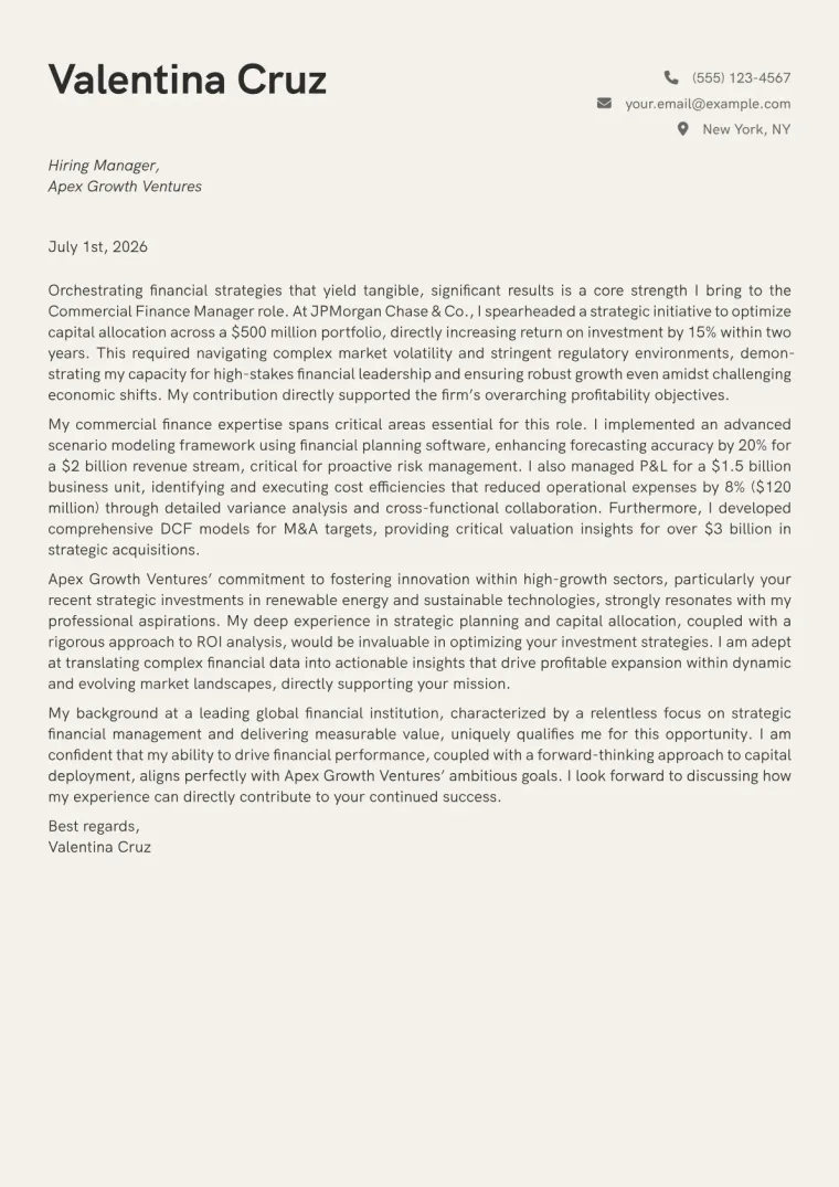 Commercial Finance Manager cover letter example preview