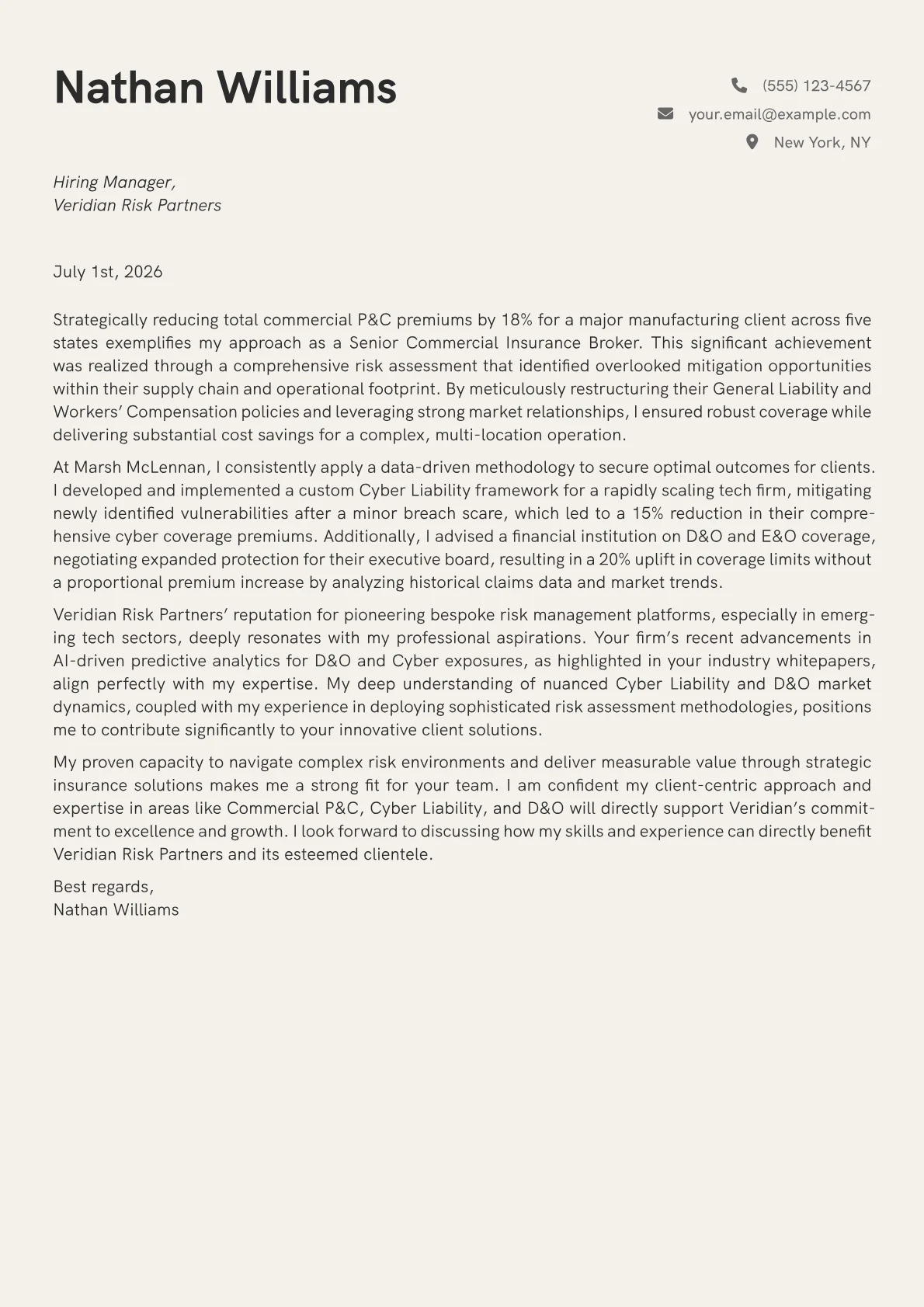 Commercial Insurance Broker cover letter formatted with a JobSprout template