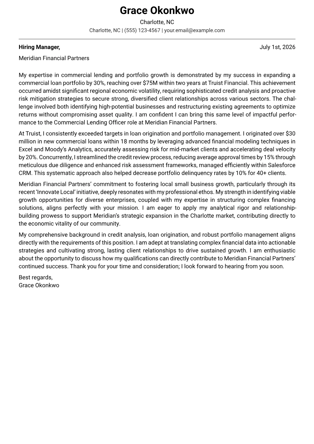 Commercial Lending Officer cover letter formatted with a JobSprout template