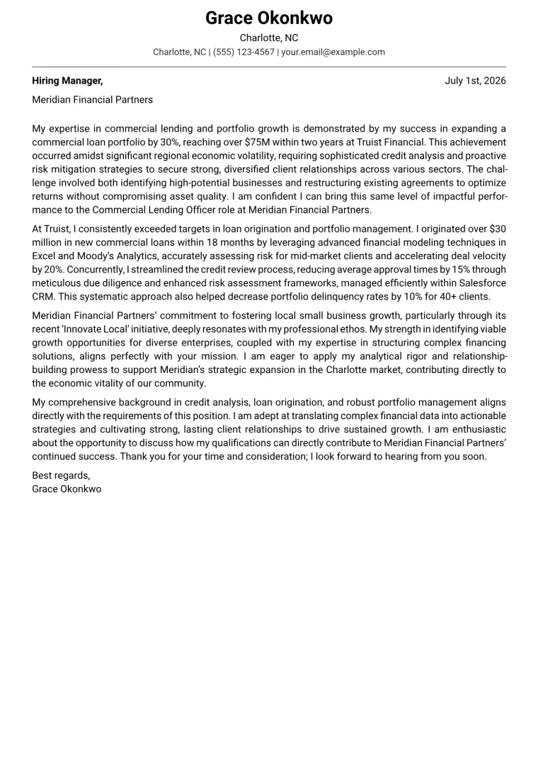 Commercial Lending Officer cover letter example preview