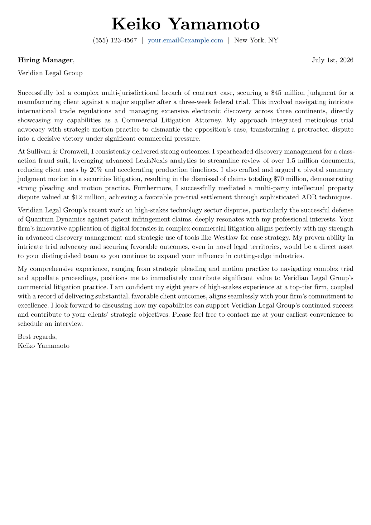 Commercial Litigation Attorney cover letter formatted with a JobSprout template