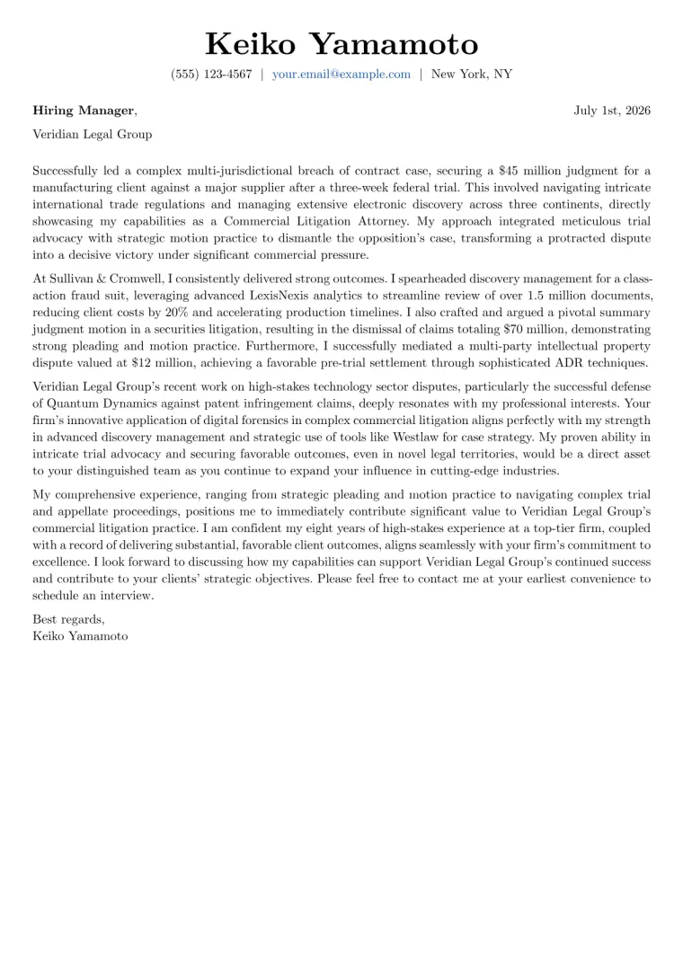 Commercial Litigation Attorney cover letter example preview