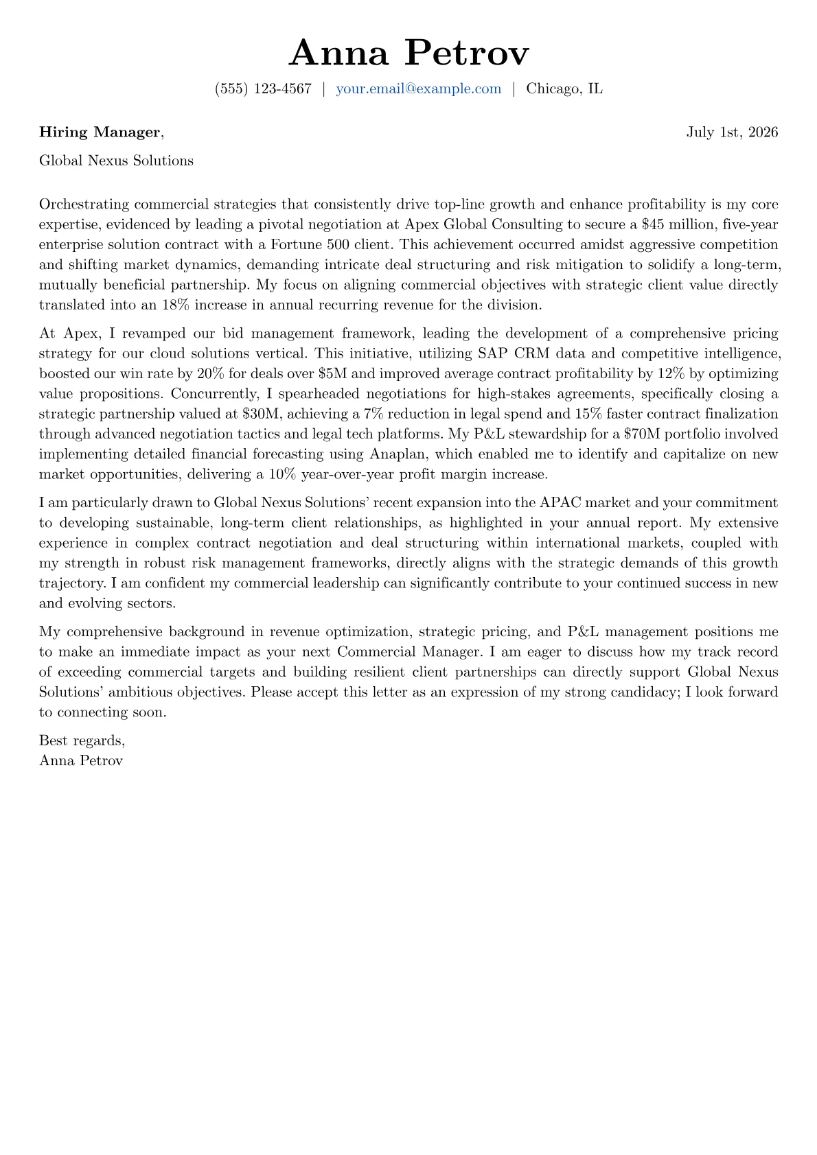 Commercial Manager cover letter formatted with a JobSprout template