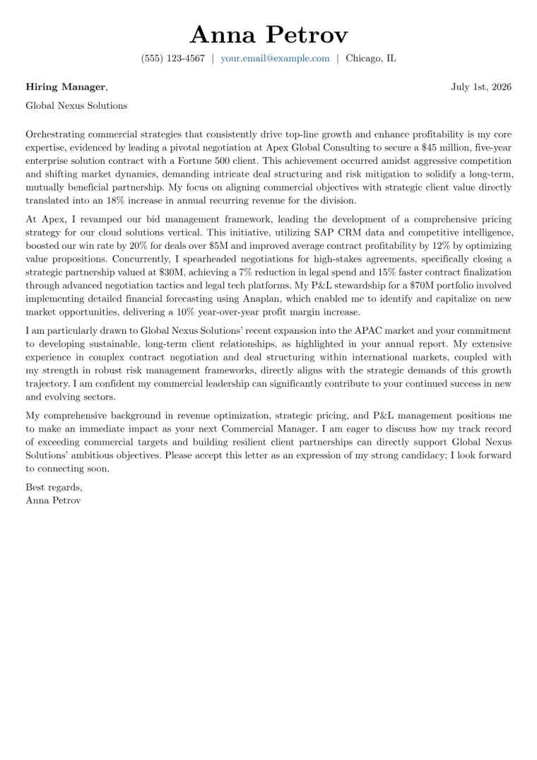 Commercial Manager Cover Letter Example