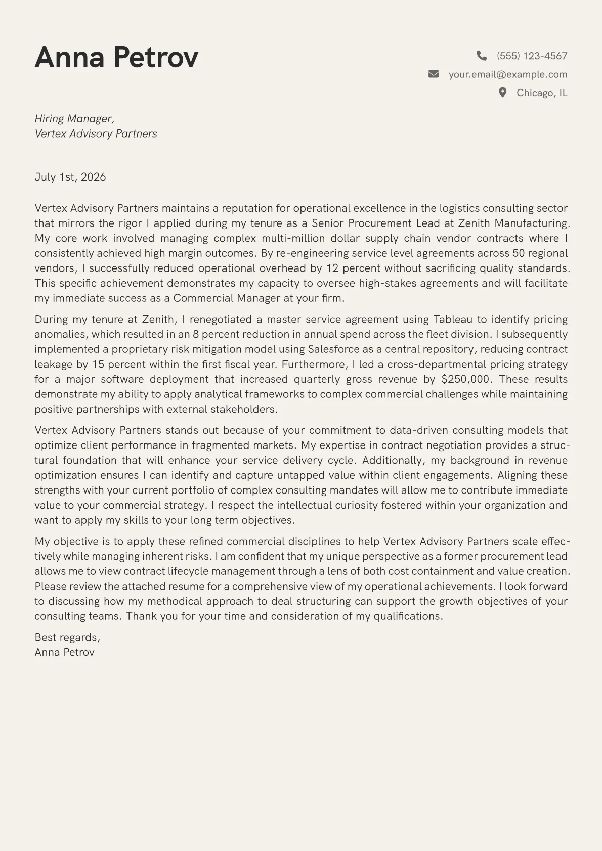 Commercial Manager cover letter in the Creative design