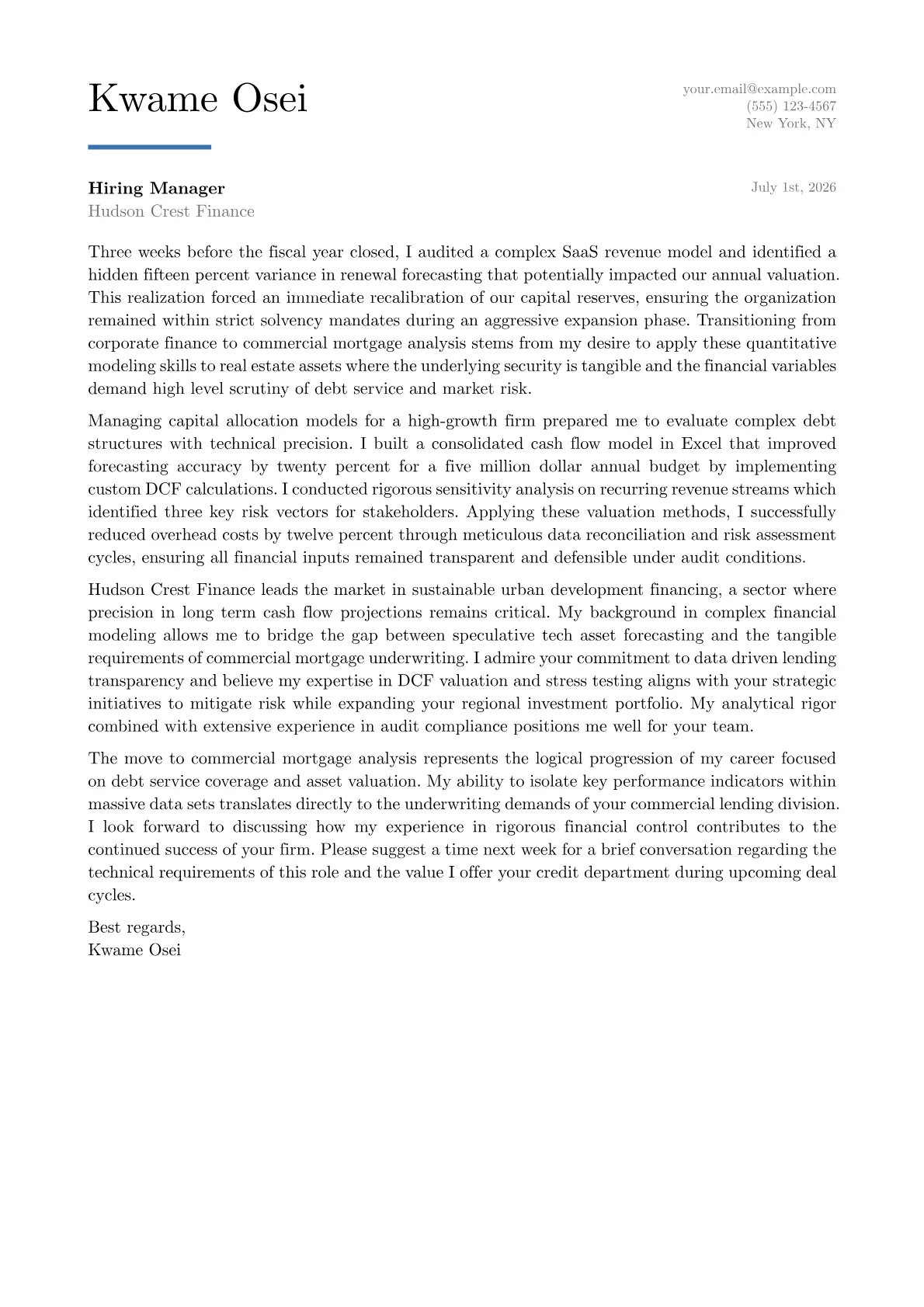 Commercial Mortgage Analyst cover letter in the Executive design