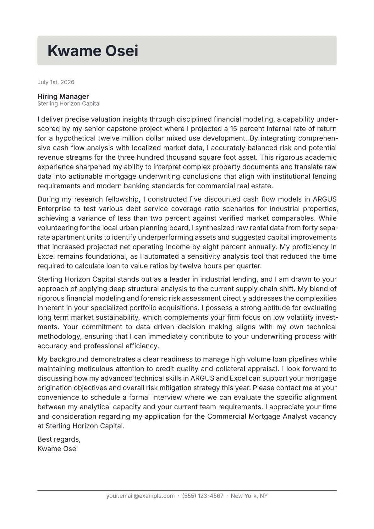Commercial Mortgage Analyst cover letter in the Letterhead design