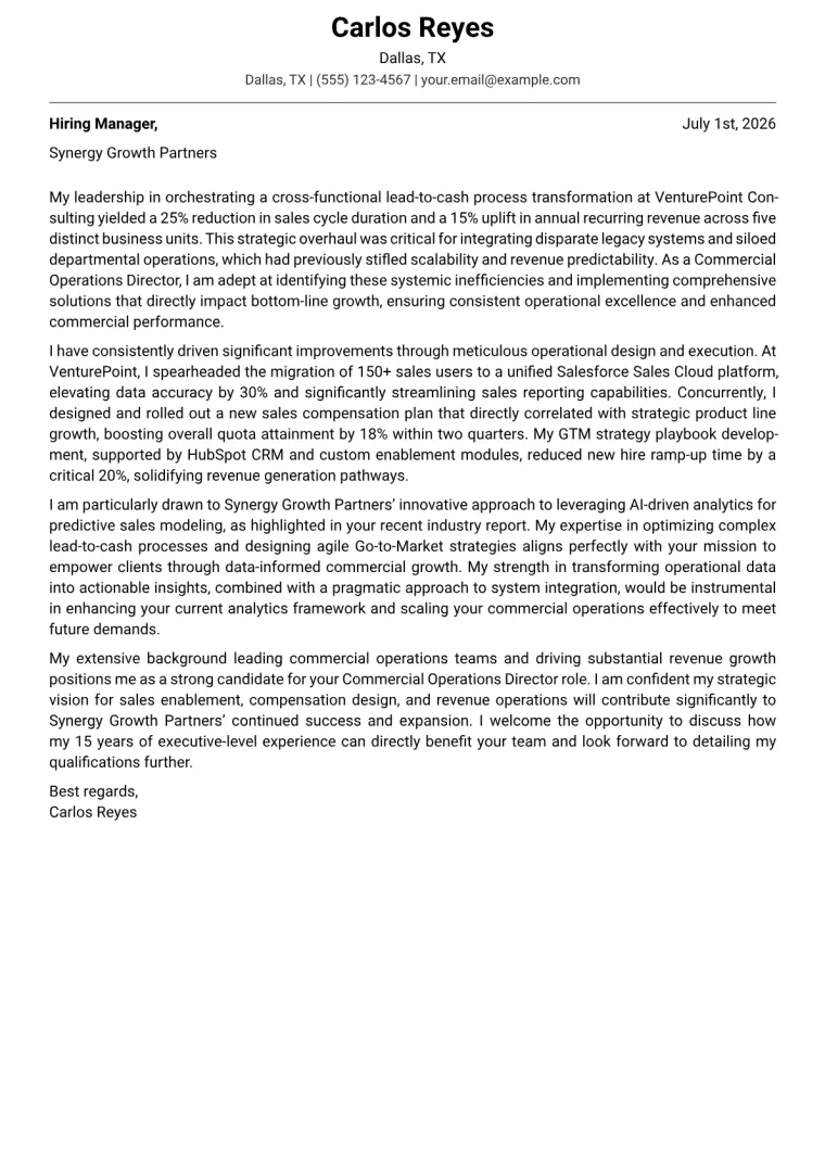 Commercial Operations Director cover letter example preview