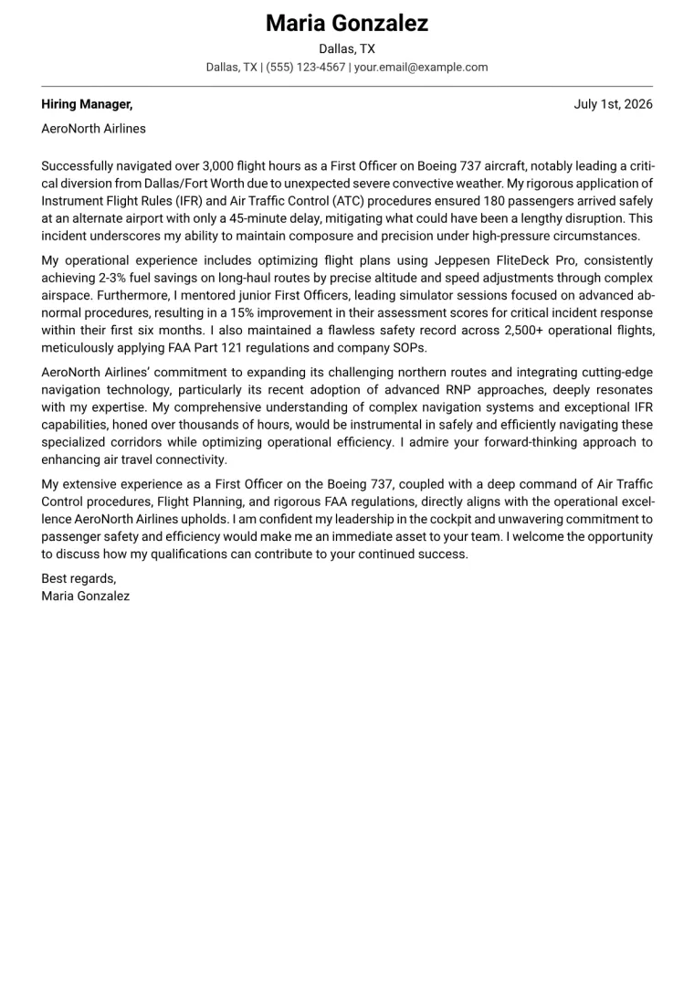 Commercial Pilot cover letter example