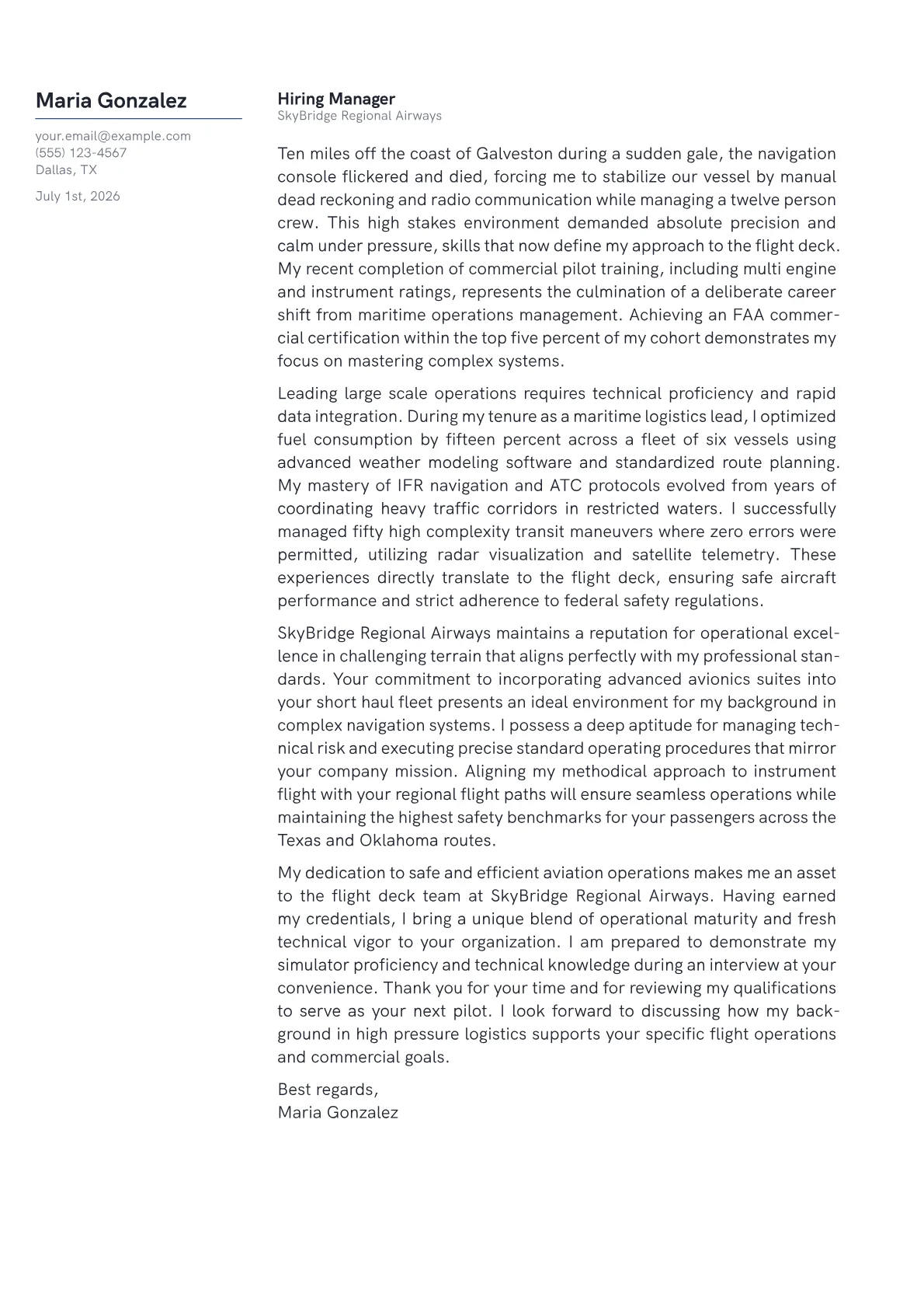 Commercial Pilot cover letter in the Margin design