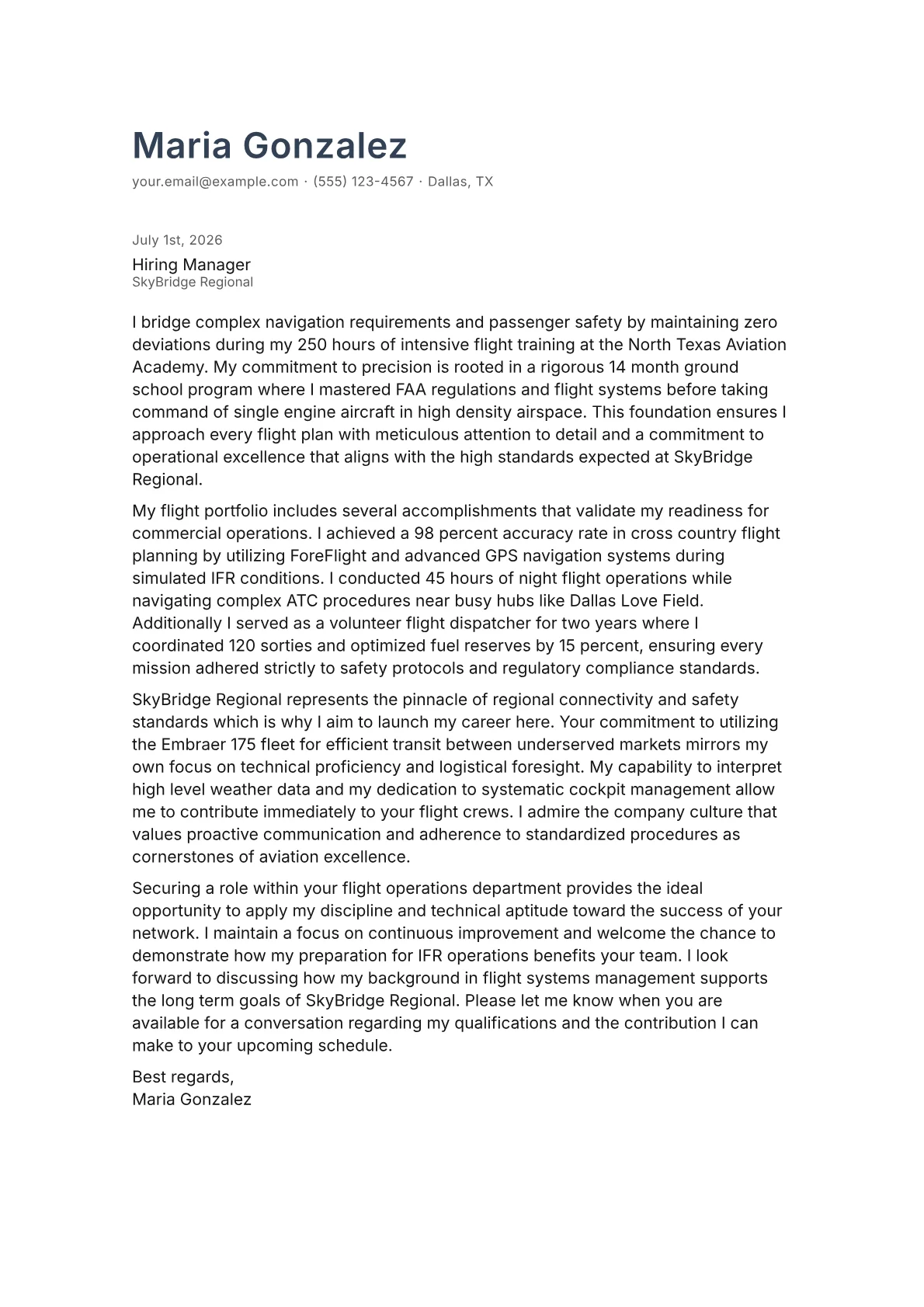 Commercial Pilot cover letter in the Minimal design