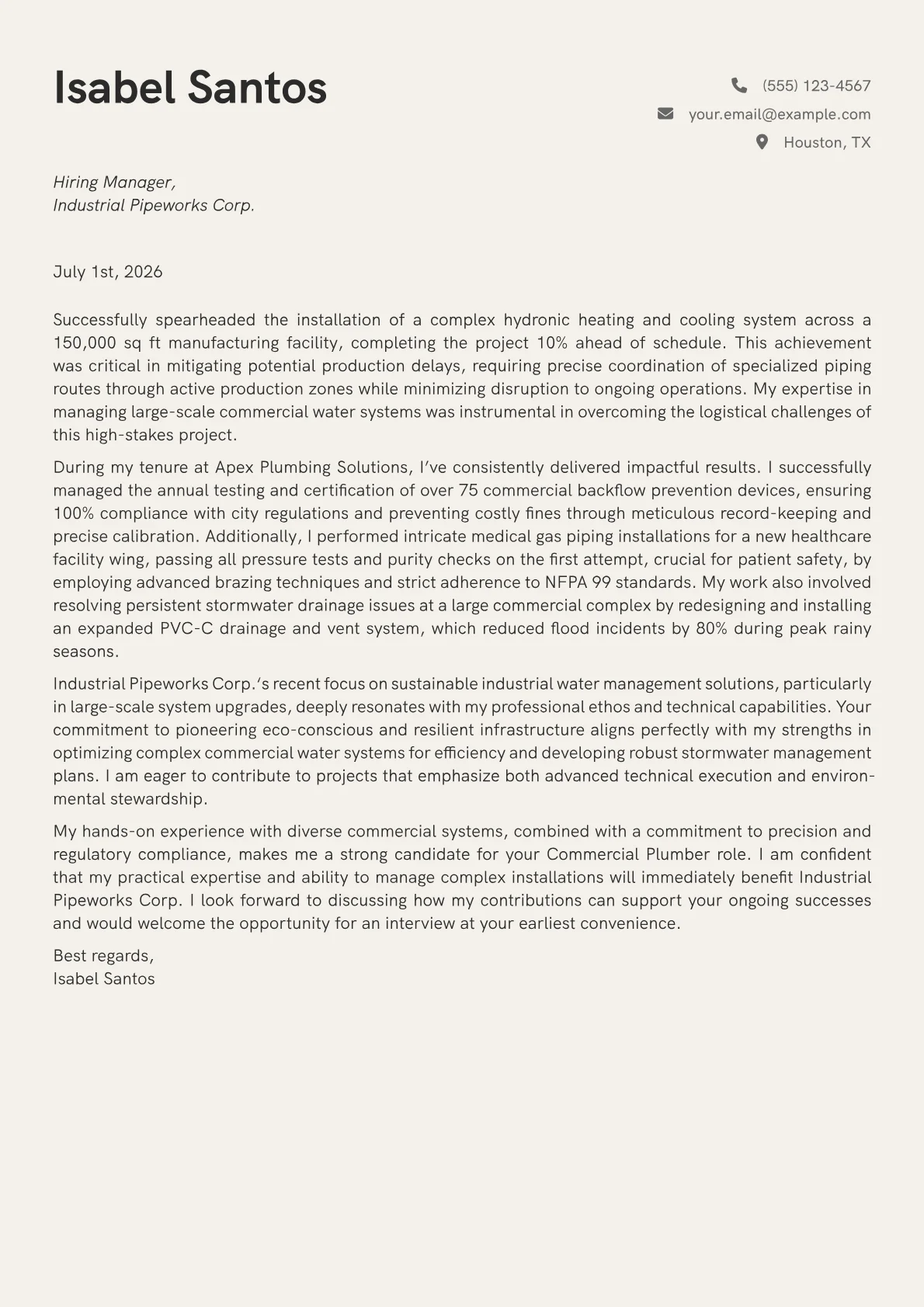 Commercial Plumber cover letter formatted with a JobSprout template