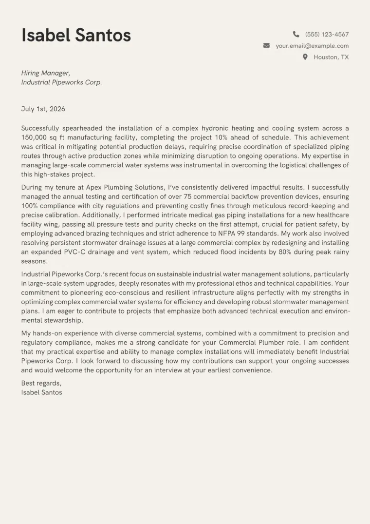 Commercial Plumber cover letter example preview