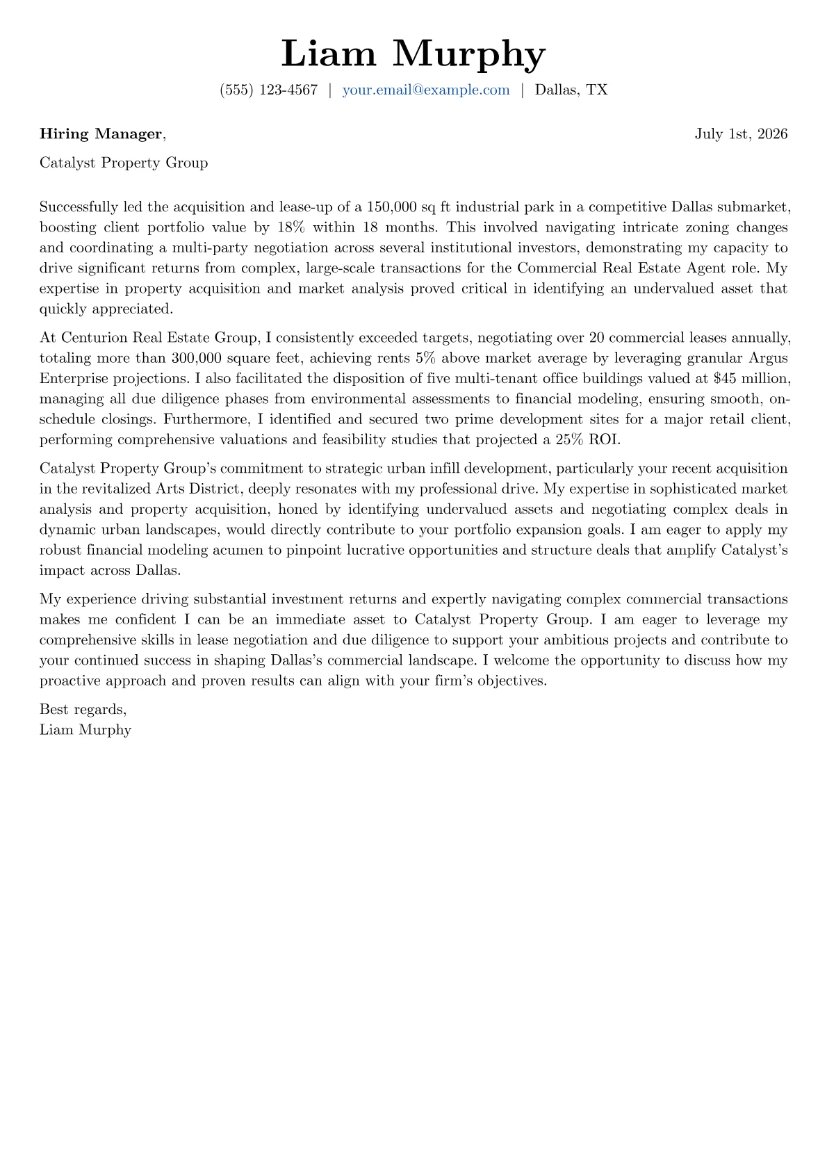 Commercial Real Estate Agent cover letter formatted with a JobSprout template
