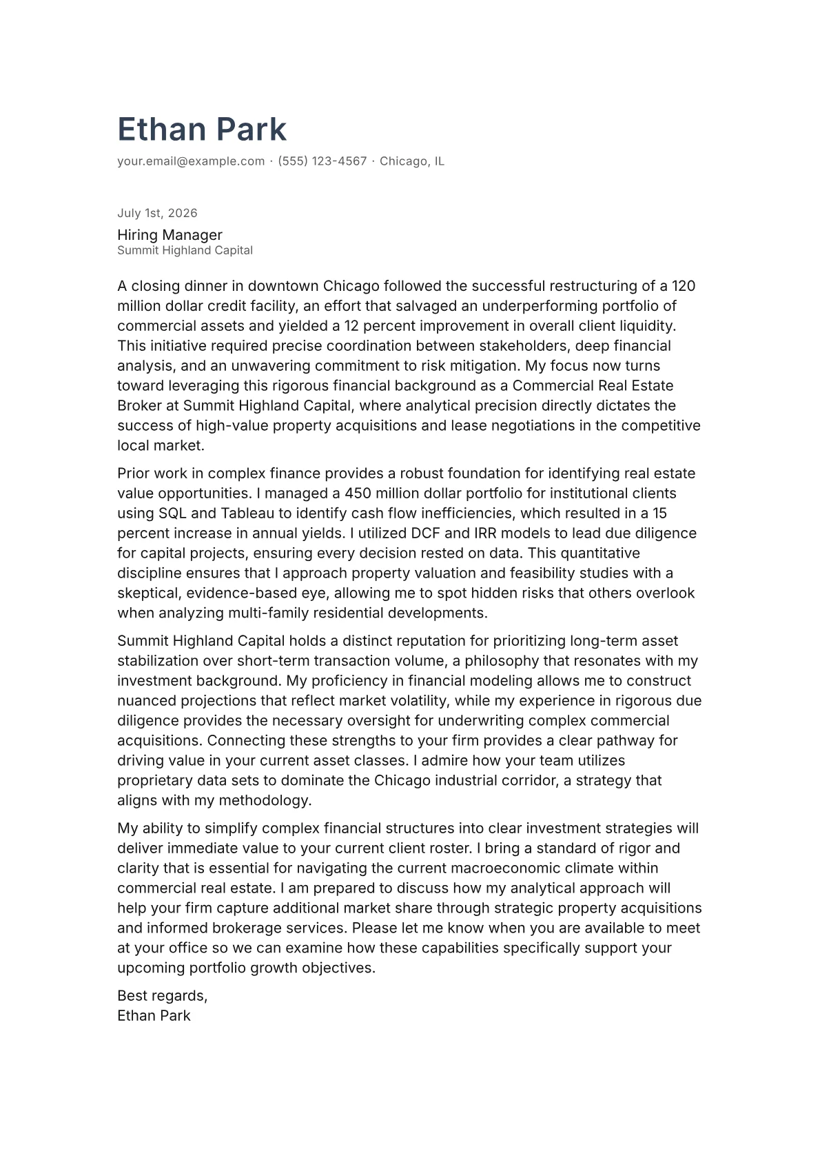 Commercial Real Estate Broker cover letter in the Minimal design