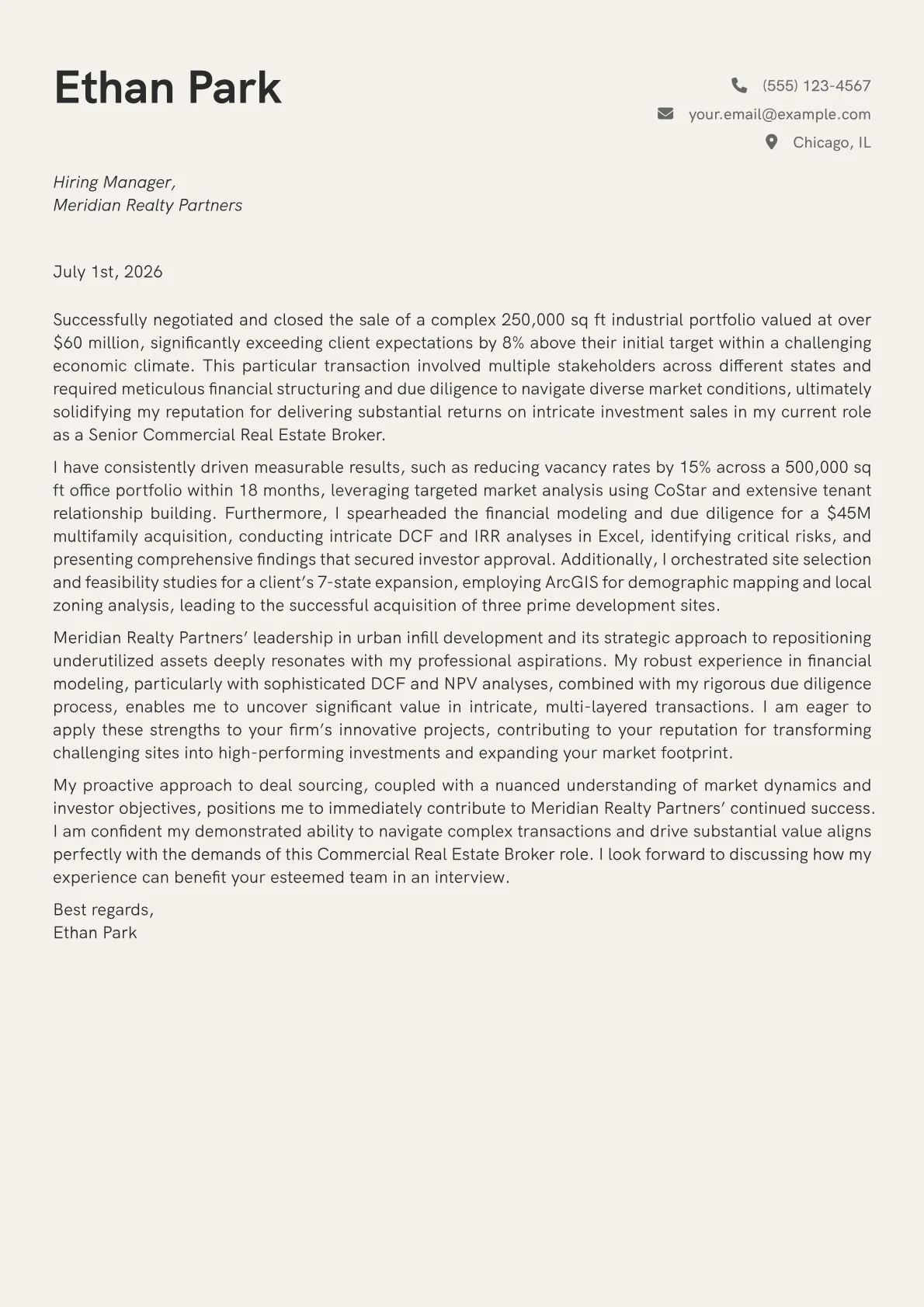 Commercial Real Estate Broker cover letter formatted with a JobSprout template