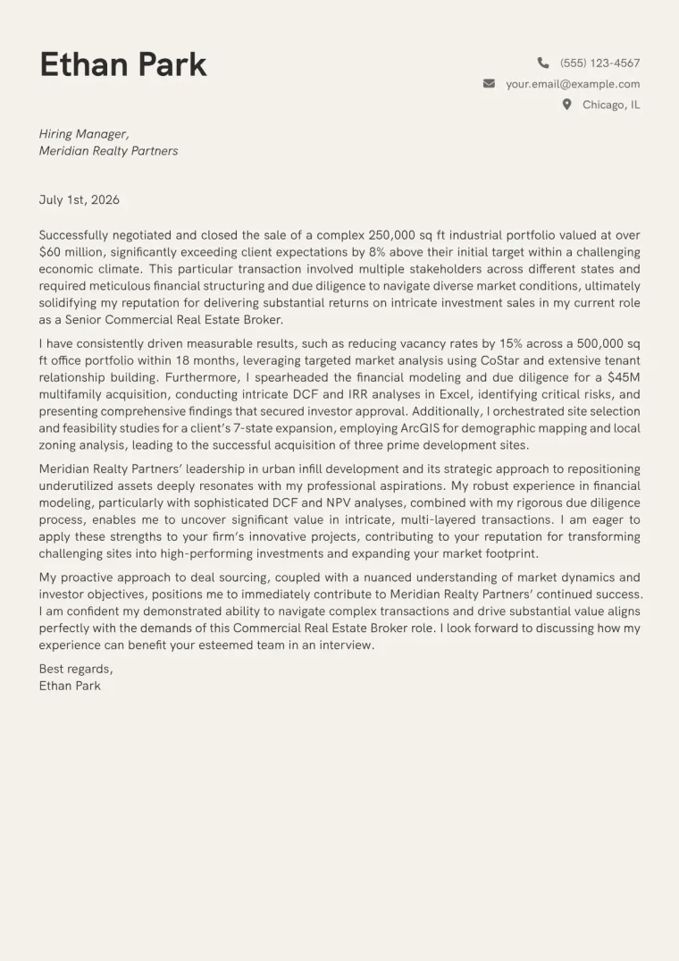 Commercial Real Estate Broker cover letter example preview