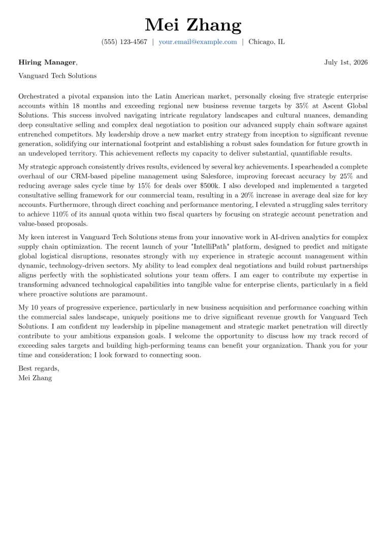 Commercial Sales Manager Cover Letter Example