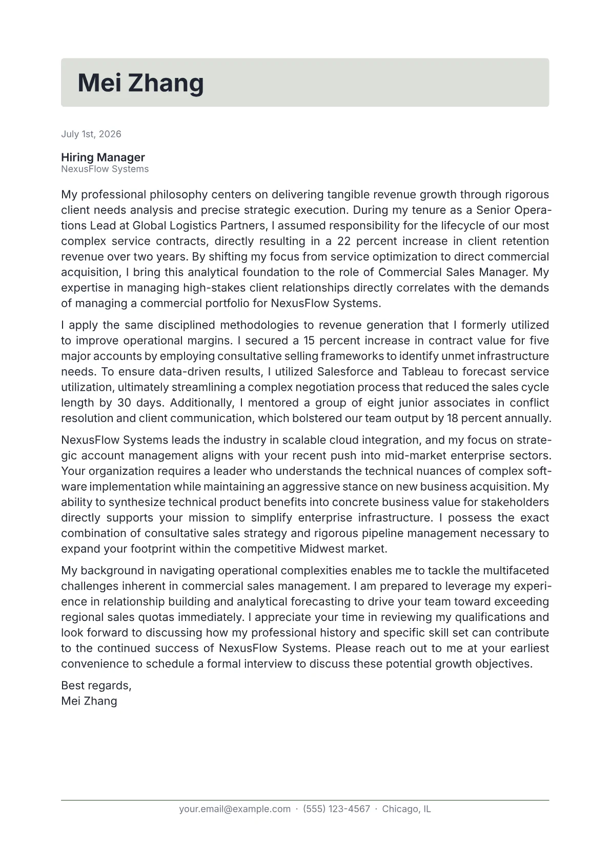 Commercial Sales Manager cover letter in the Letterhead design