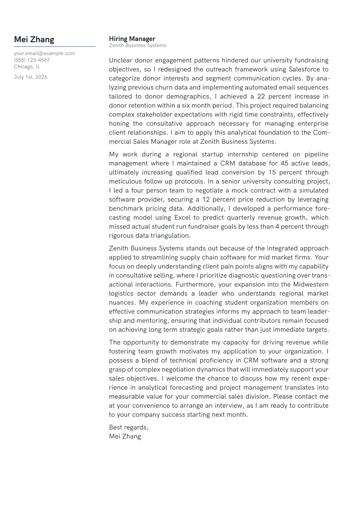 Commercial Sales Manager cover letter in the Margin design