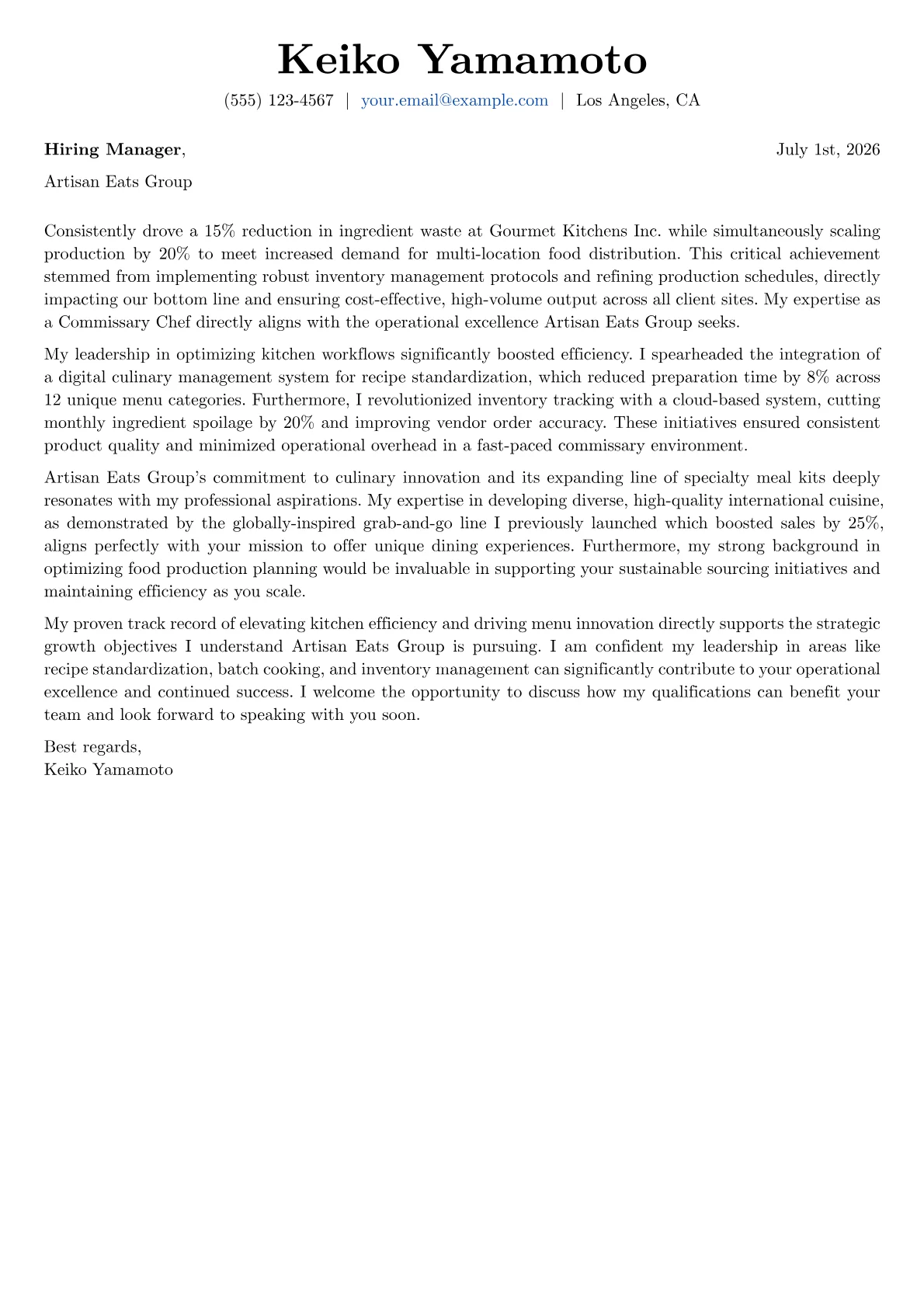 Commissary Chef cover letter formatted with a JobSprout template