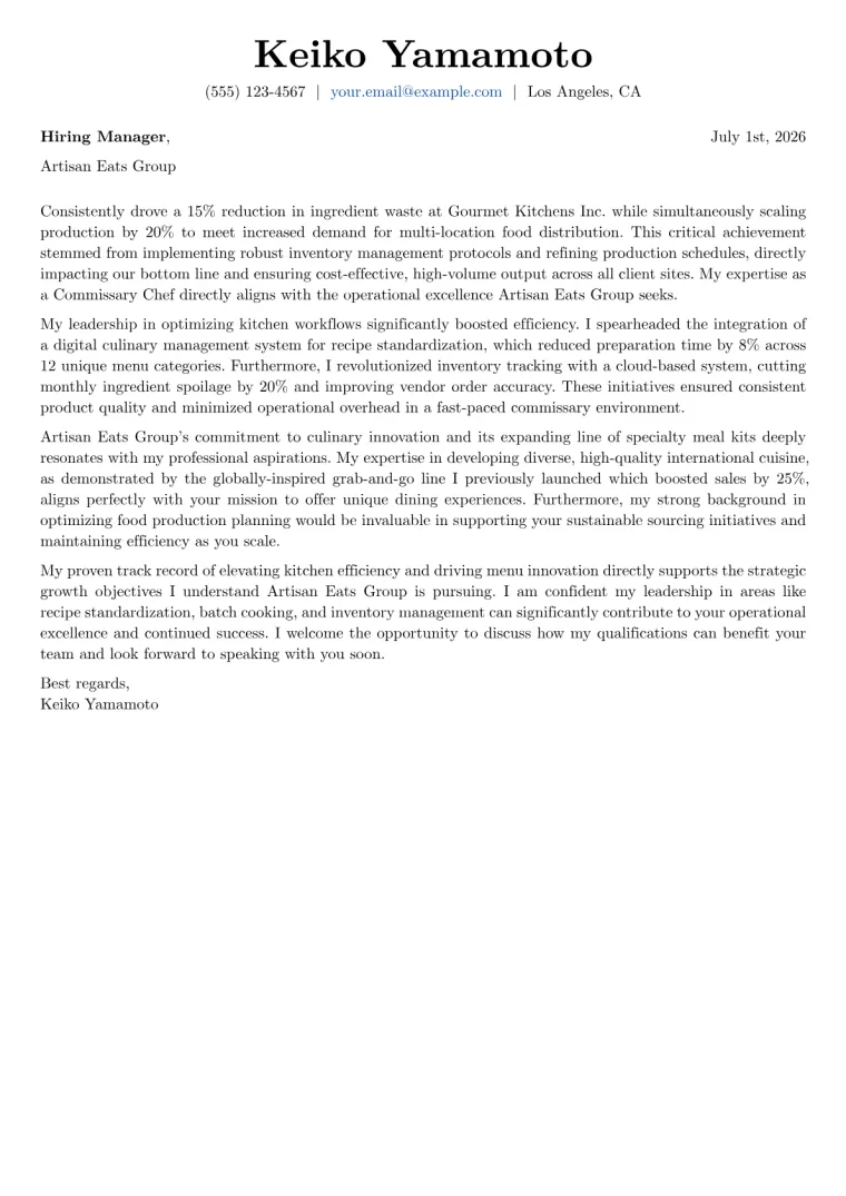 Commissary Chef cover letter example preview