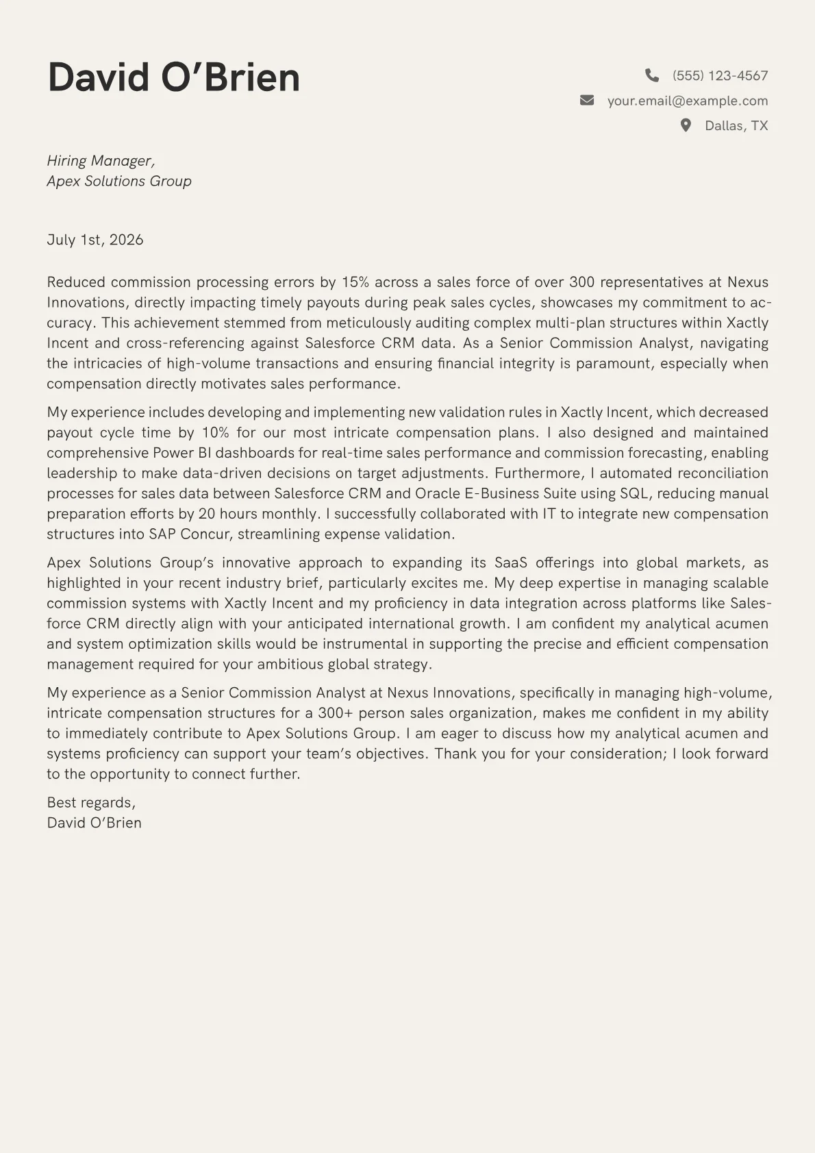 Commission Analyst cover letter formatted with a JobSprout template