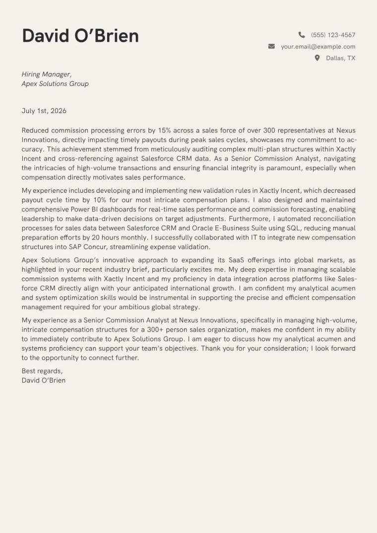 Commission Analyst Cover Letter Example