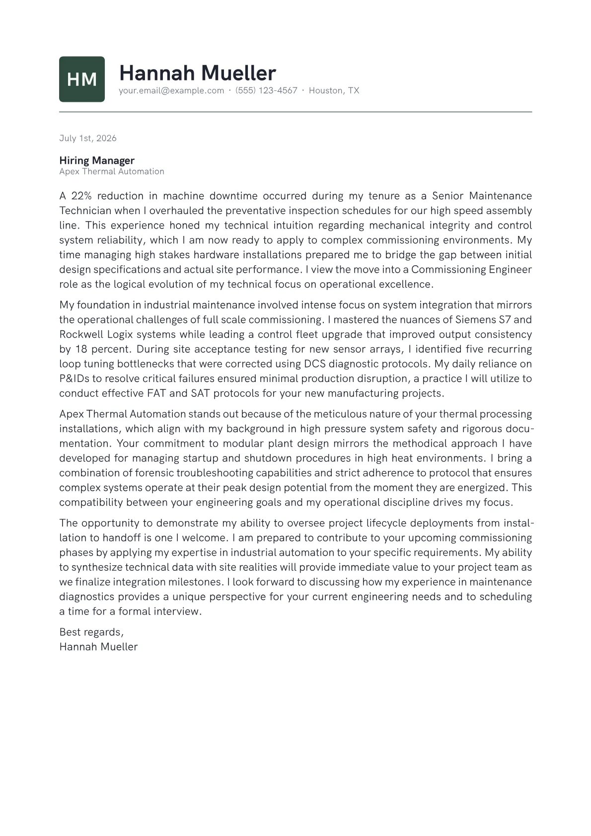 Commissioning Engineer cover letter in the Emblem design