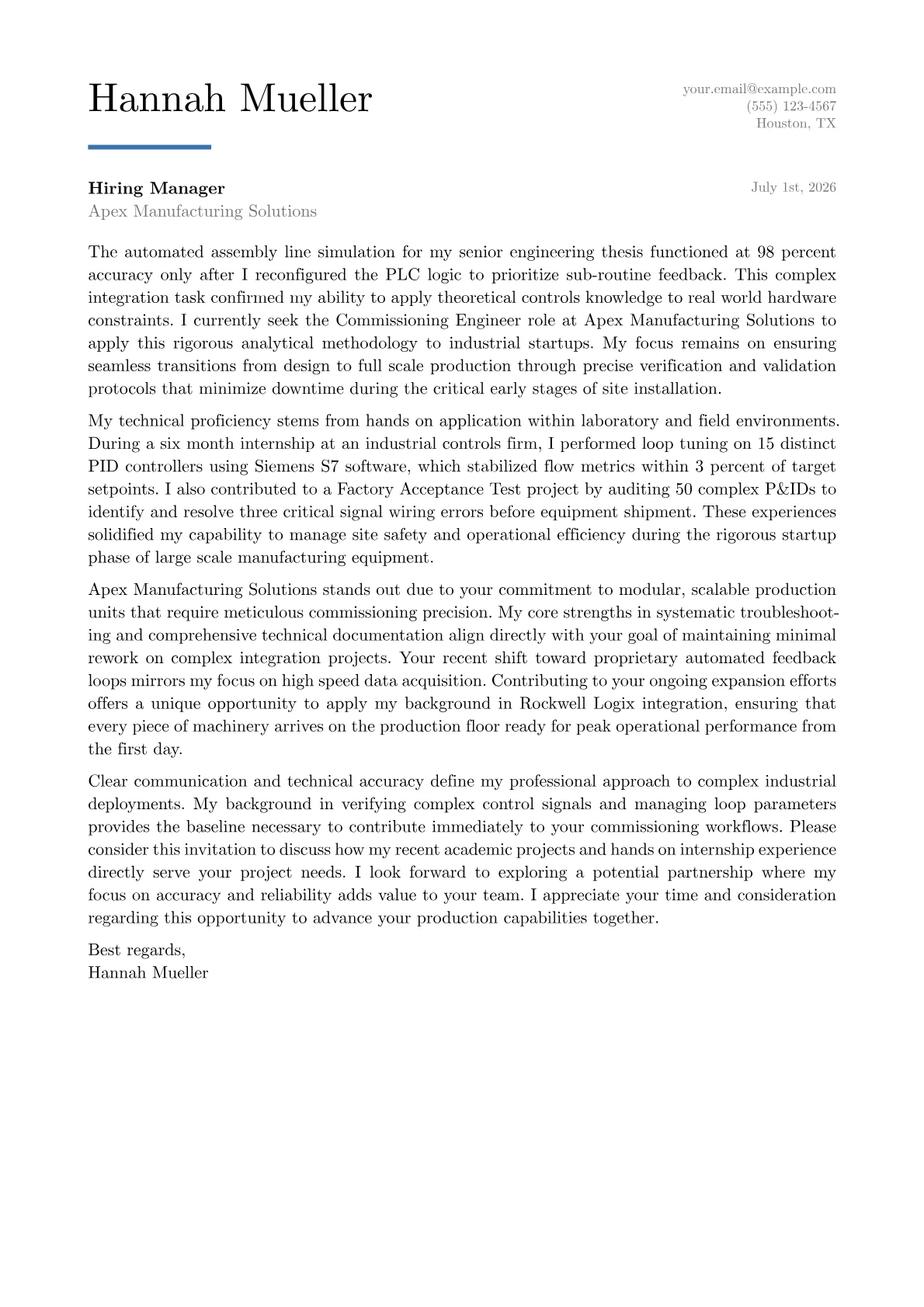 Commissioning Engineer cover letter in the Executive design