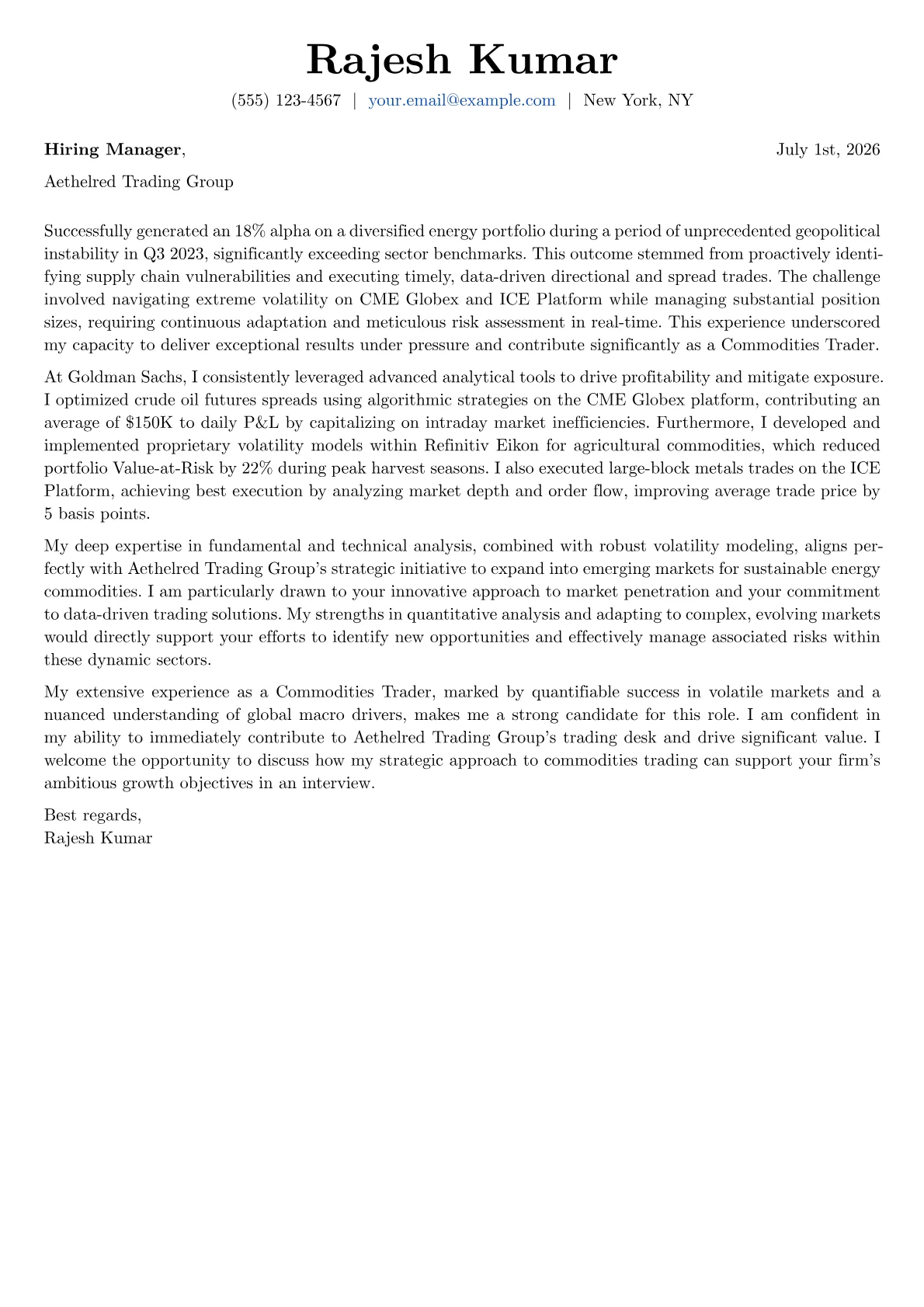 Commodities Trader cover letter formatted with a JobSprout template