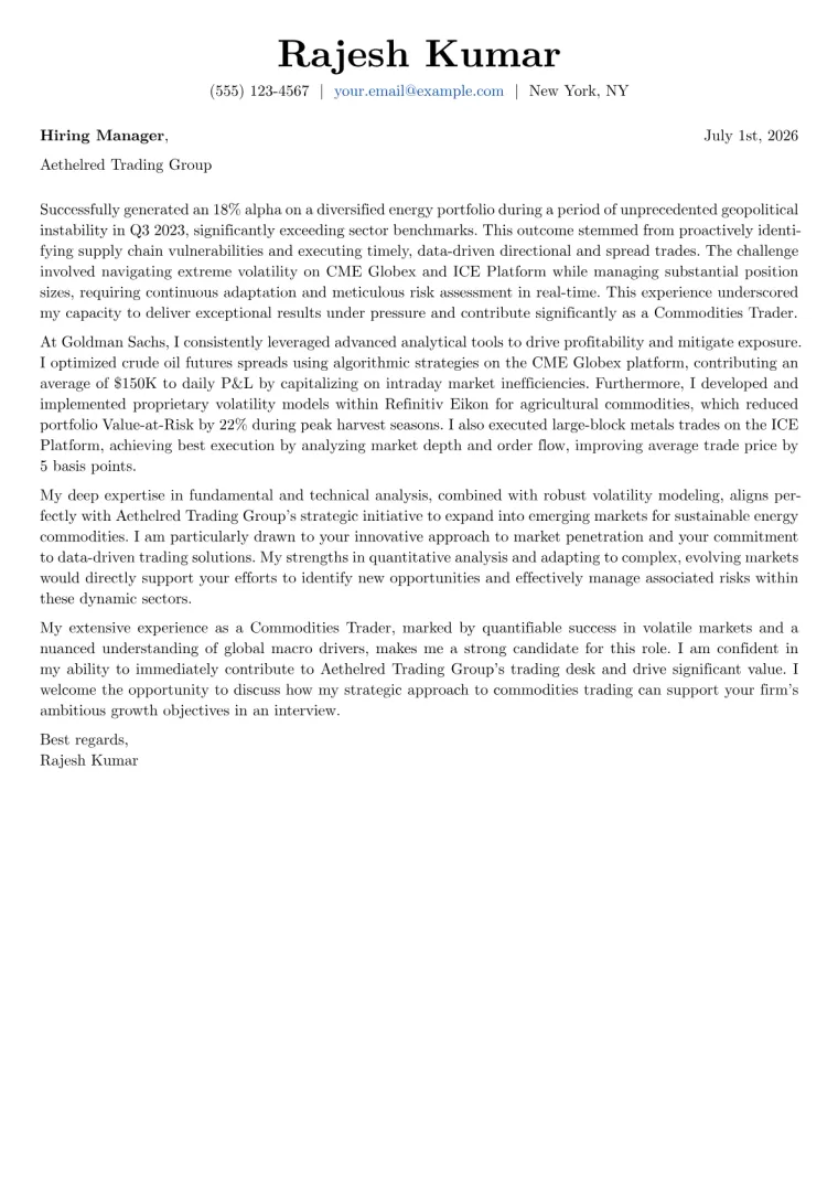 Commodities Trader cover letter example preview